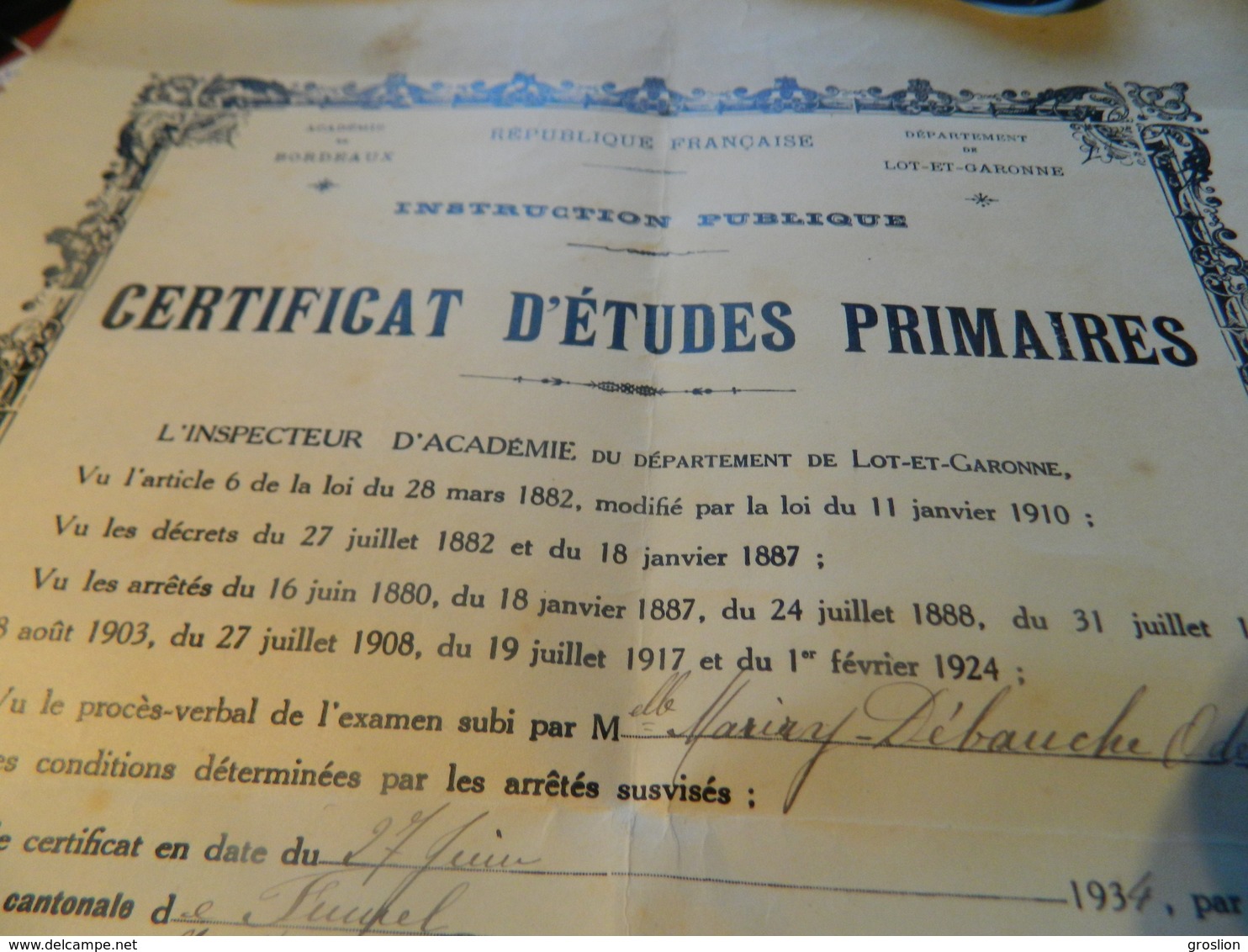 CERTIFICAT D'ETUDES PRIMAIRES 1934 ACADEMIE DE BORDEAUX DEPARTEMENT DU LOT ET GARONNE - Diplômes & Bulletins Scolaires