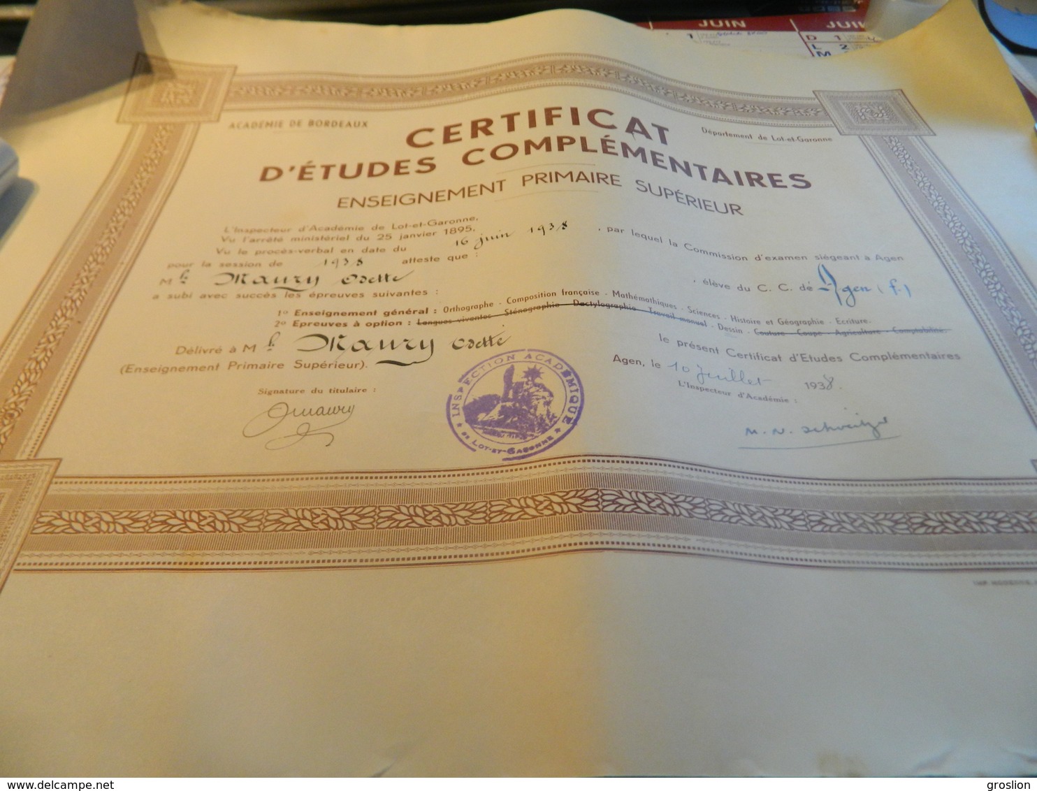 CERTIFICAT D'ETUDES COMPLEMENTAIRES ENSEIGNEMENT PRIMAIRE SUPERIEUR ACADEMIE DE BORDEAUX DEPARTEMENT LOT ET GARONNE1938 - Diplômes & Bulletins Scolaires