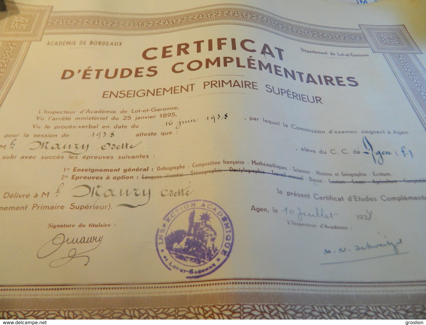 CERTIFICAT D'ETUDES COMPLEMENTAIRES ENSEIGNEMENT PRIMAIRE SUPERIEUR ACADEMIE DE BORDEAUX DEPARTEMENT LOT ET GARONNE1938 - Diplômes & Bulletins Scolaires