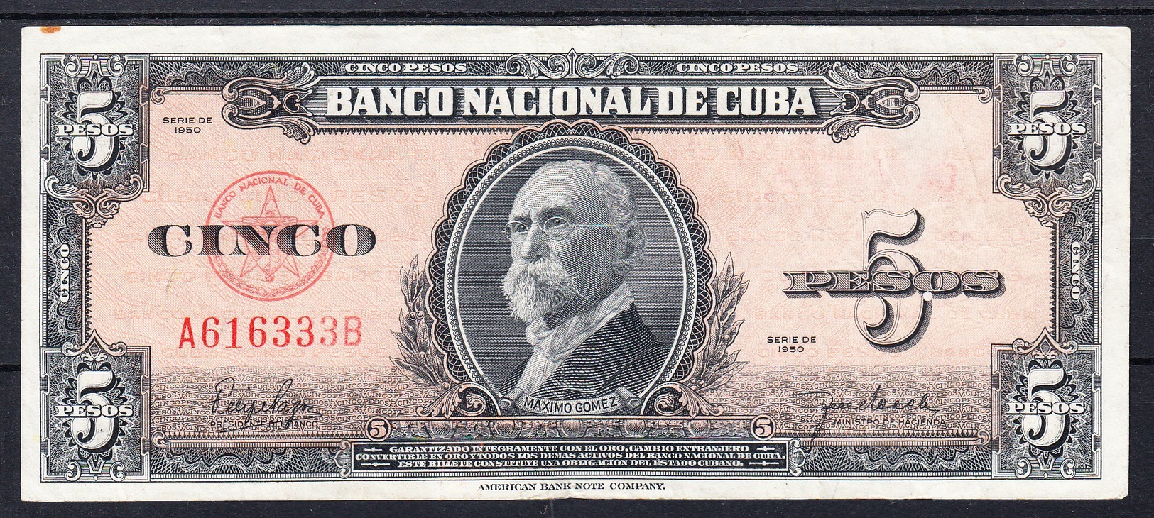 CUBA 1950. 5 PESOS. MAXIMO GOMEZ.  MBC   B795 - Cuba