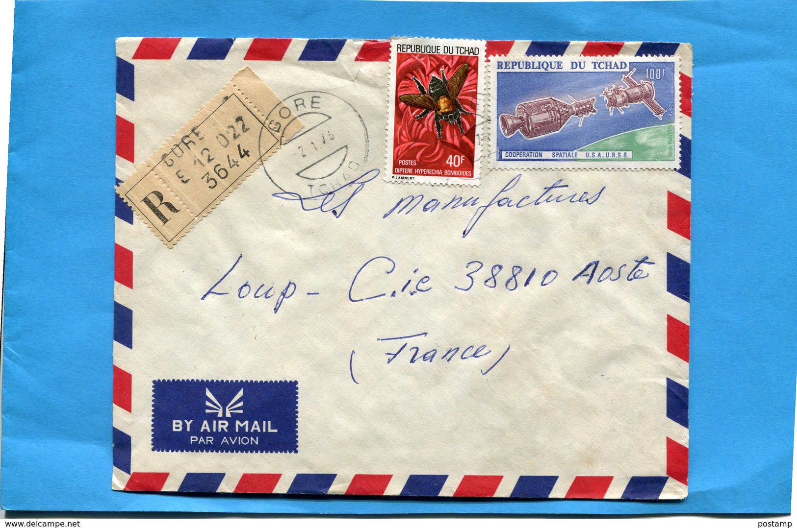 Marcophilie-Tchad-lettre REC  >Françe-cad  GORE  -1975-2-stamp N° 293 Insect*diptère+A157 Space -coopération Usa-+urss - Tsjaad (1960-...)