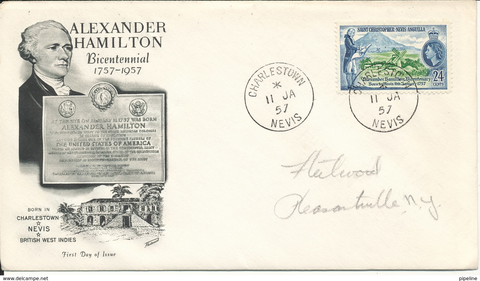 St. Christopher - Nevis - Anguilla FDC 11-1-1957 Alexander Hamilton Bicentennial With Cachet - St.Christopher-Nevis-Anguilla (...-1980)