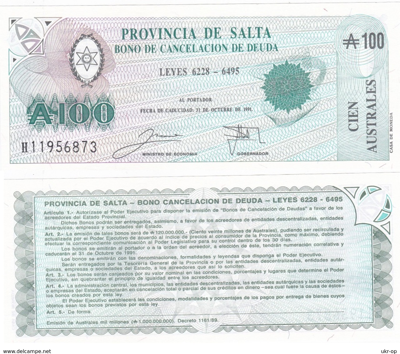 Argentina / Salta - 100 Pesos 1989 / 1991 UNC Ukr-OP - Argentine