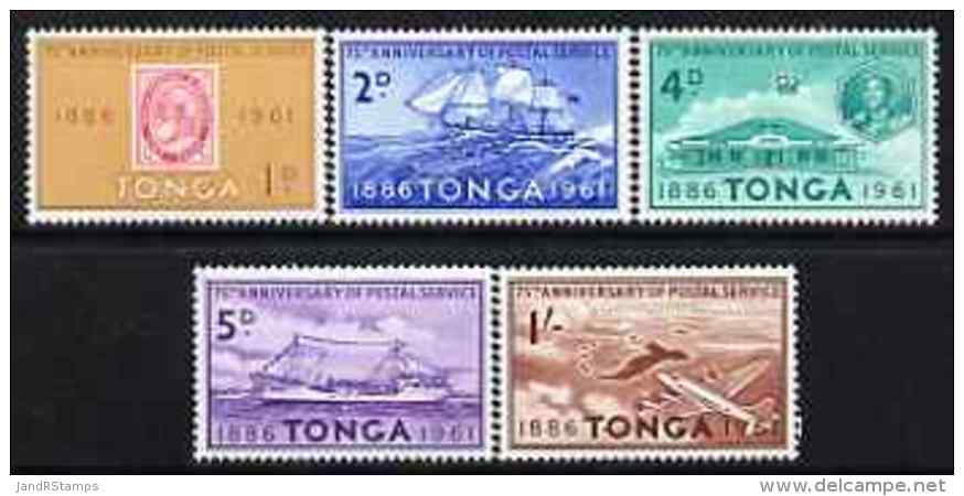 47894 Tonga 1961 75th Anniv Tongan Postal Serv Perf Set (douglas Dc-4 Post Offices Aviation Ships Whales Stamp On Stamp) - Tonga (1970-...)