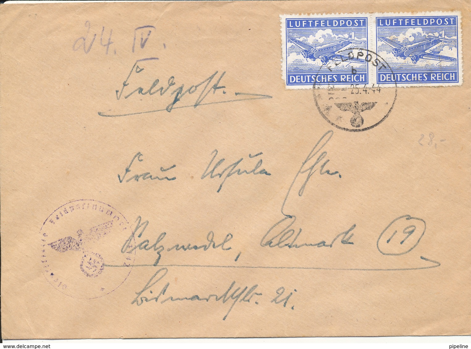 Germany Third Reich Cover LUFTFELDPOST 25-4-1944 - Covers & Documents