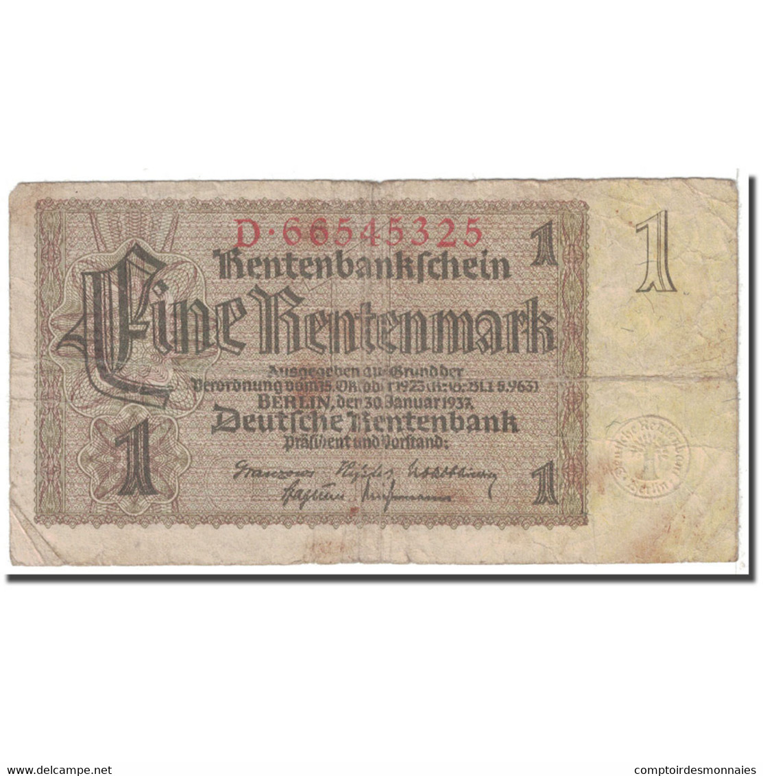 Billet, Allemagne, 1 Rentenmark, 1937, 1937-01-30, KM:173b, B - [13] Bundeskassenschein