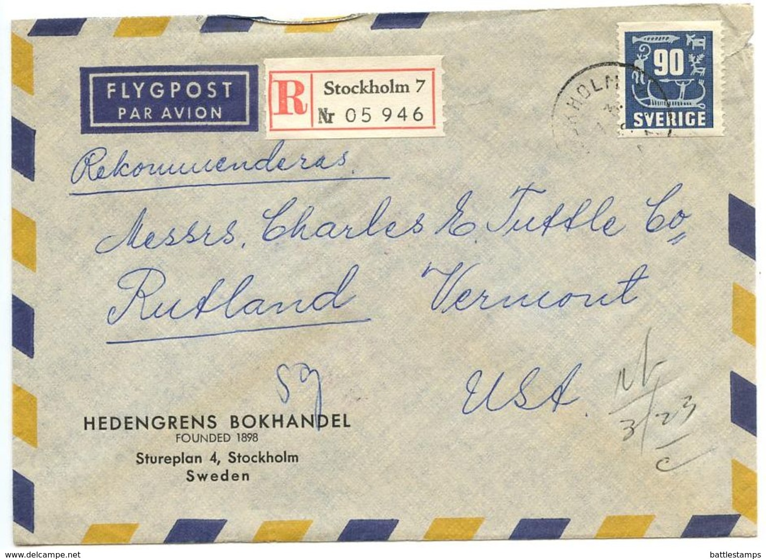 Sweden 1959 Registered Airmail Cover Stockholm - Hedengrens Bokhandel To U.S. - Covers & Documents