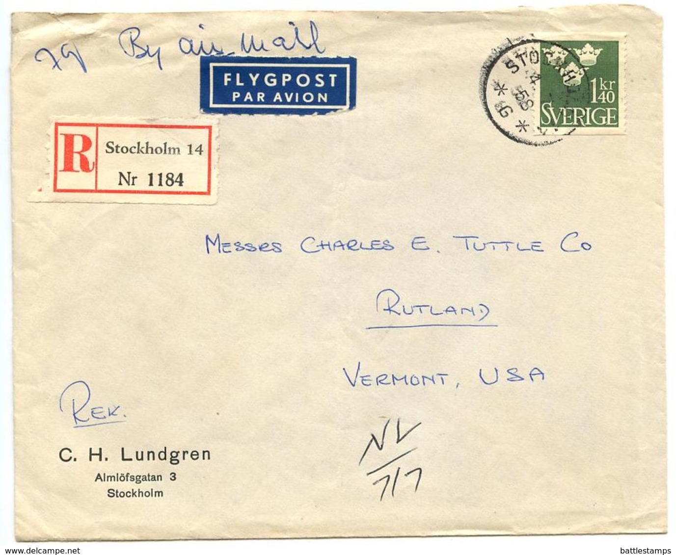 Sweden 1958 Registered Airmail Cover Stockholm To U.S. W/ Scott 397 3 Crowns - Covers & Documents