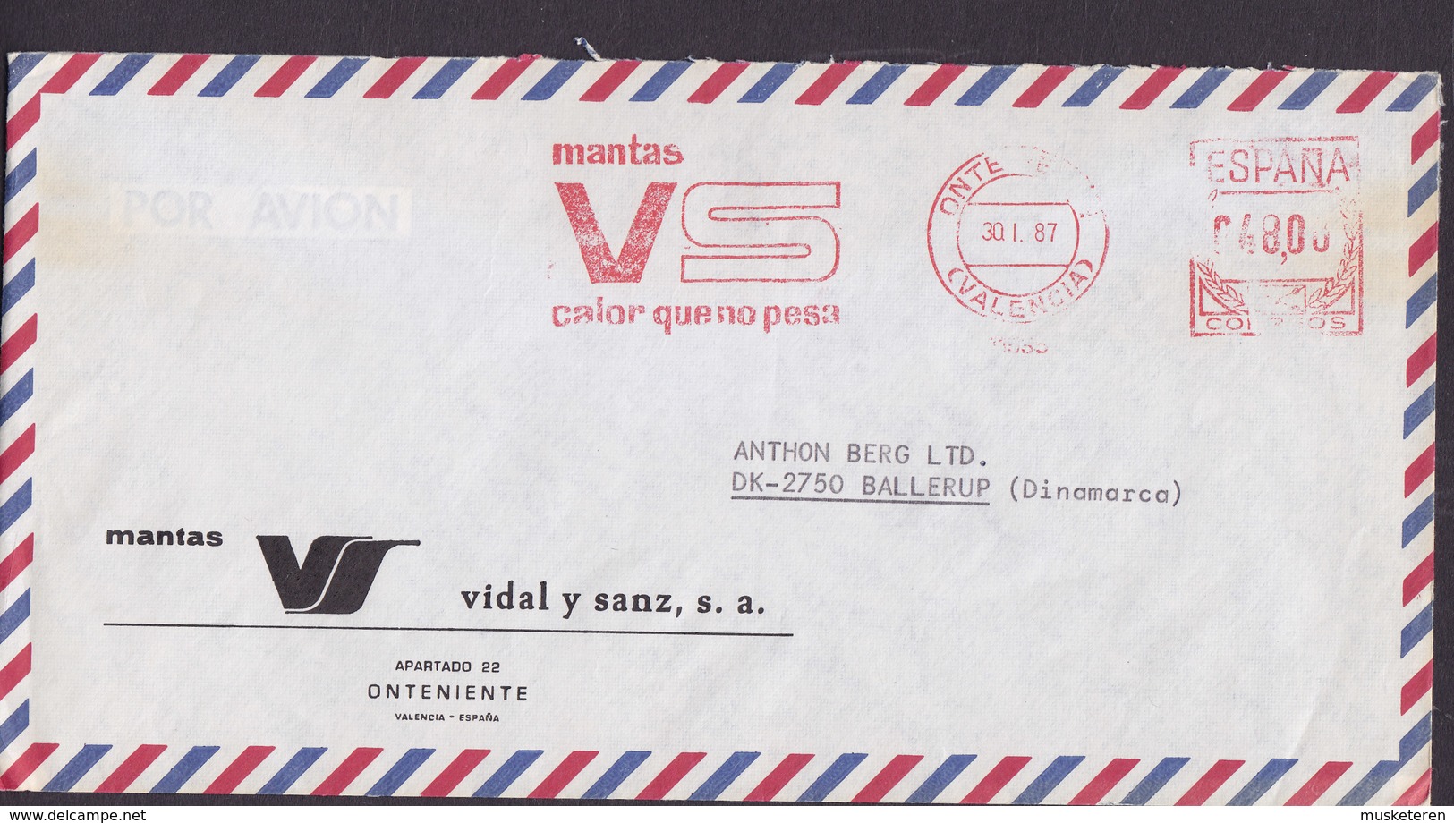 Spain GMANTAS Vidal Y Sanz ONTENIENTE (Valencia) 1987 Meter Cover Freistempel Brief Letra BALLERUP Denmark - Maschinenstempel (EMA)