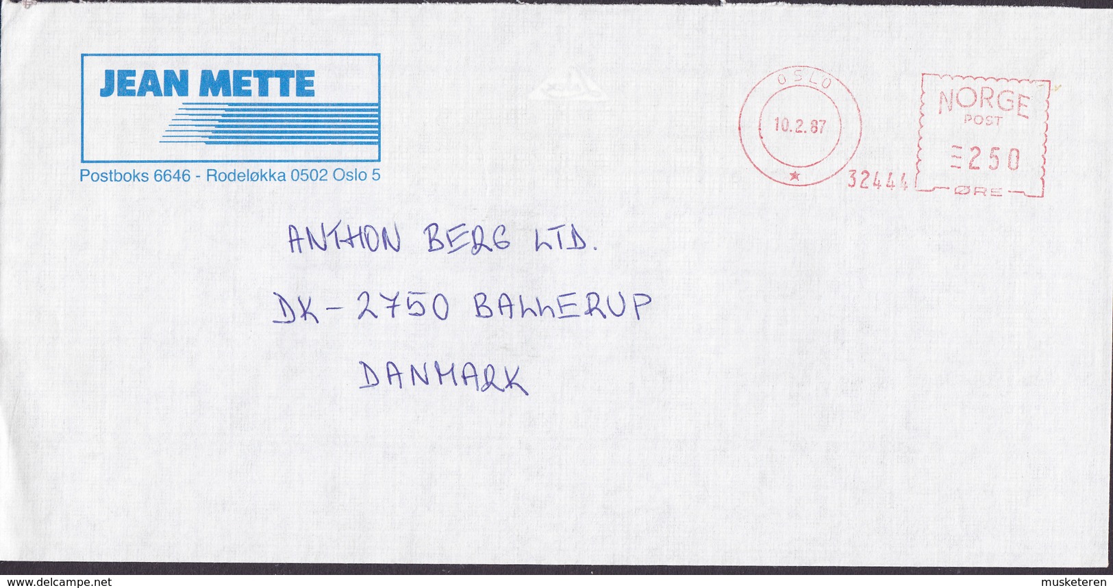 Norway JEAN METTE Rodeløkka OSLO 1987 Meter Cover Freistempel Brief BALLERUP Denmark - Briefe U. Dokumente