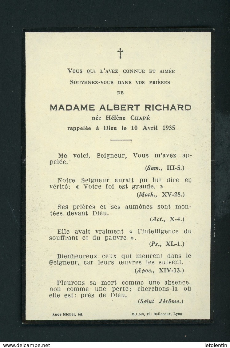 SOUVENIR MORTUAIRE  - DE MADAME ALBERT RICHARD Née HÉLÈNE CHAPÉ  (+10/4/1935) - Décès