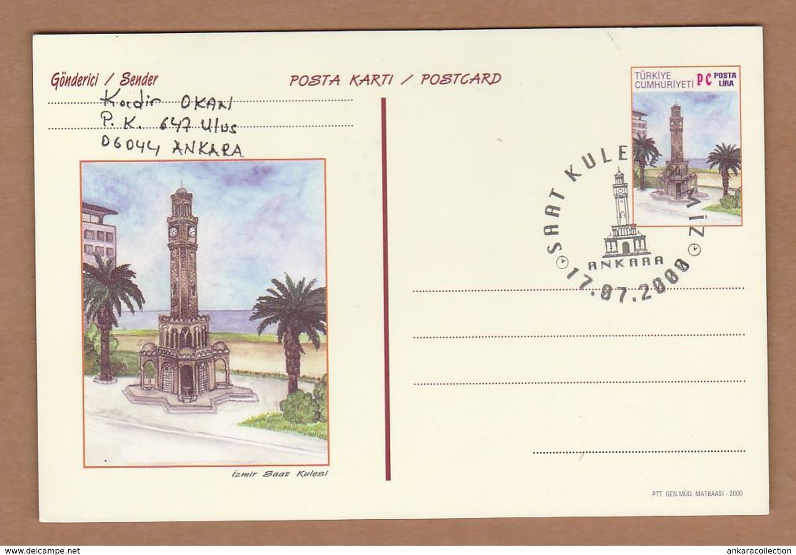 AC- TURKEY POSTAL STATIONARY - CLOCK TOWERS - IZMIR ANKARA, 17 JULY 2000 - Entiers Postaux