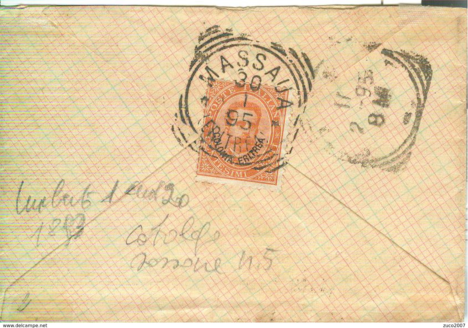 UMBERTO I  Cent.20, Soprastampato COLONIA ERITREA, S 5,BUSTA VIAGGIATA 1895,TIMBRO POSTE MASSAUA,TONDORIQUADRATO,PER ITA - Eritrea