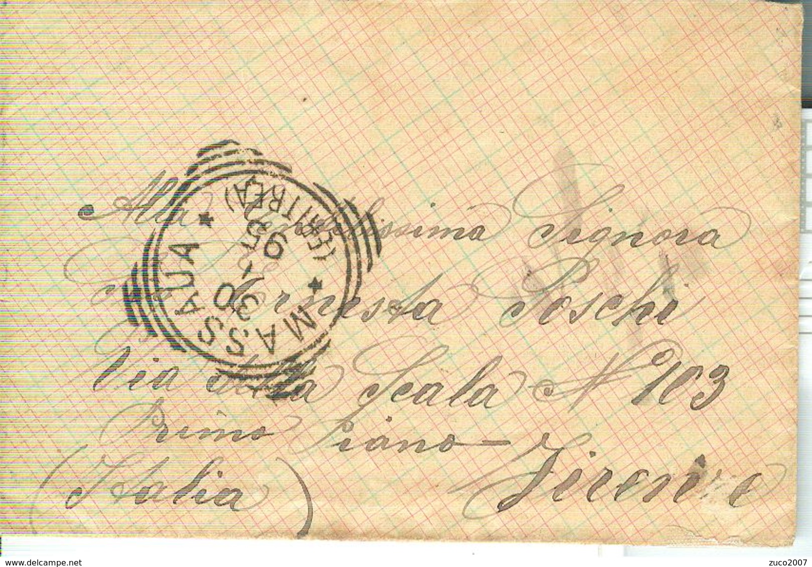 UMBERTO I  Cent.20, Soprastampato COLONIA ERITREA, S 5,BUSTA VIAGGIATA 1895,TIMBRO POSTE MASSAUA,TONDORIQUADRATO,PER ITA - Eritrea