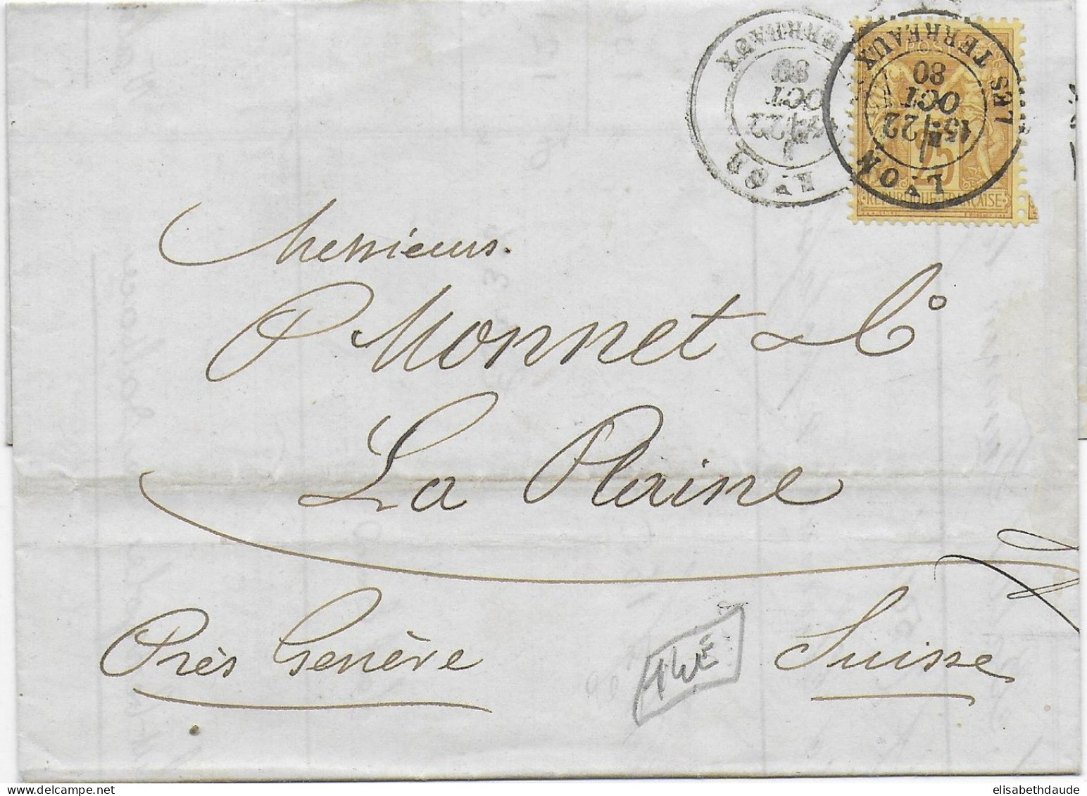 1880 - SAGE - LETTRE De LYON => LA PLAINE (SUISSE) - 1876-1898 Sage (Type II)