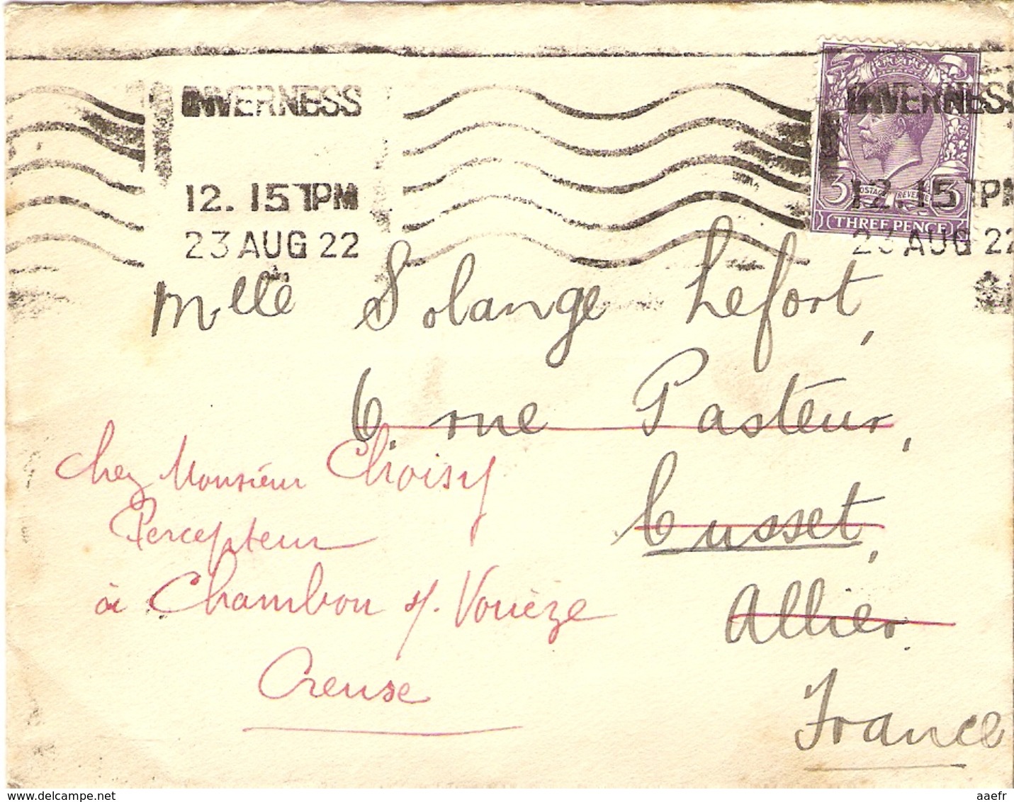Grande Bretagne 1921/22  - 2 Enveloppes De Inverness/Ecosse à Cusset/France - 1922 Reroutée - Lettres & Documents