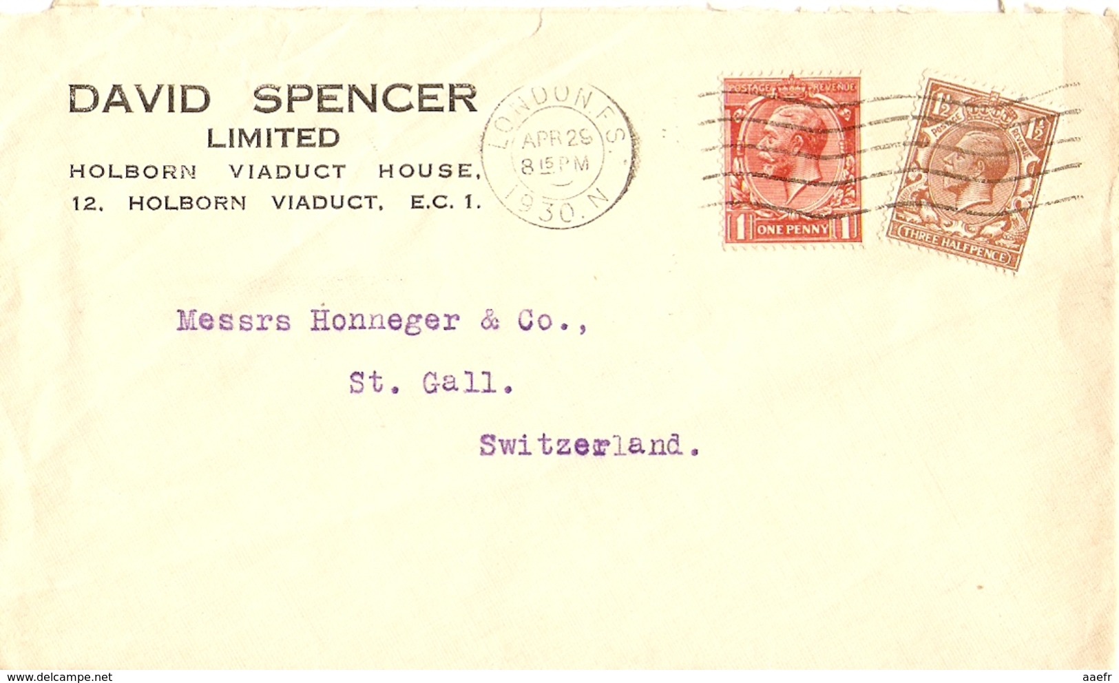 Grande Bretagne 1930 - Enveloppe Commerciale De David Spencer Ltd/Londres à St Gall/Suisse - Lettres & Documents