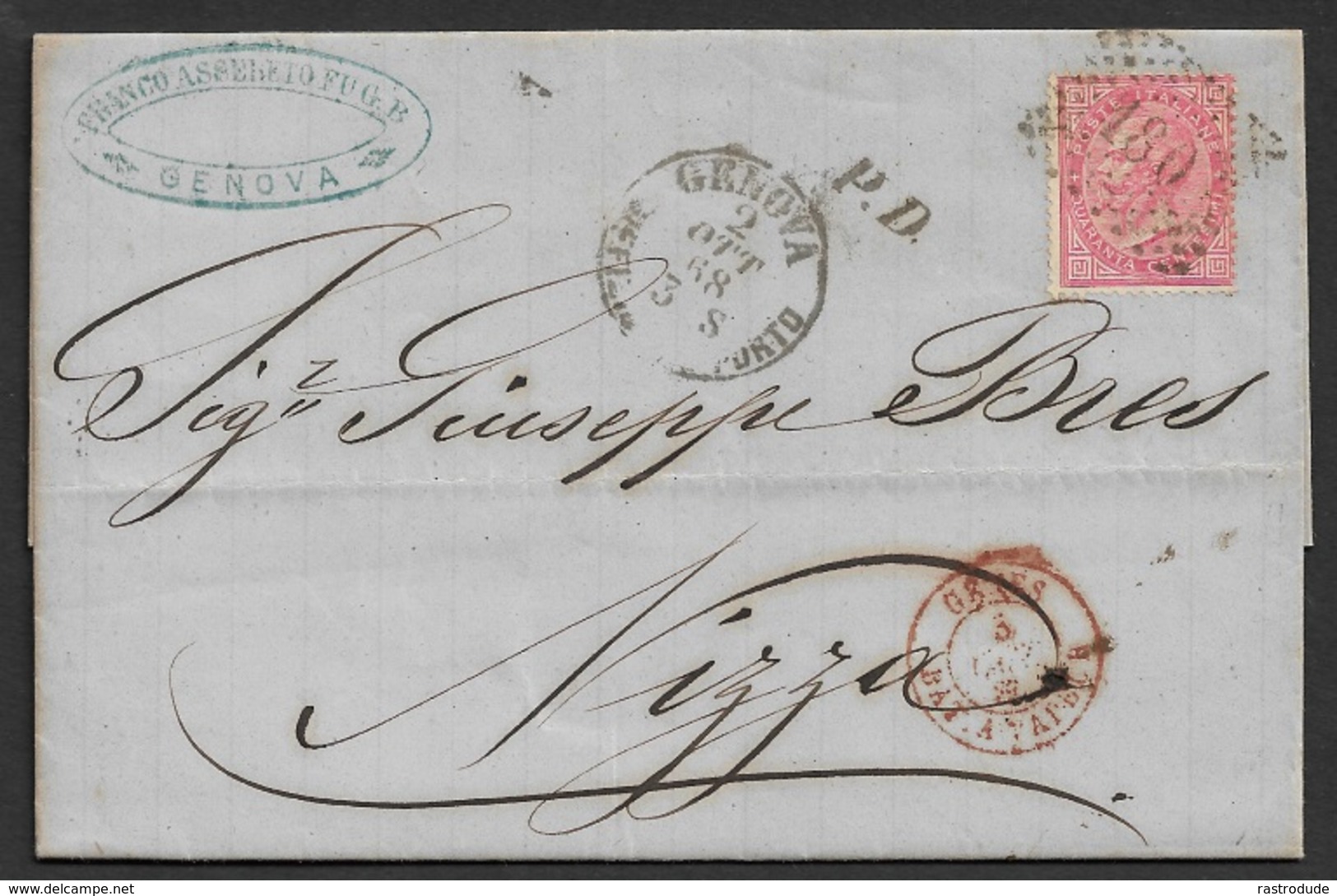 1868 LAC Genova Vers Nice (Nizza) - Poste Maritime - Genes Bat. A Vapeur - Marcophilie