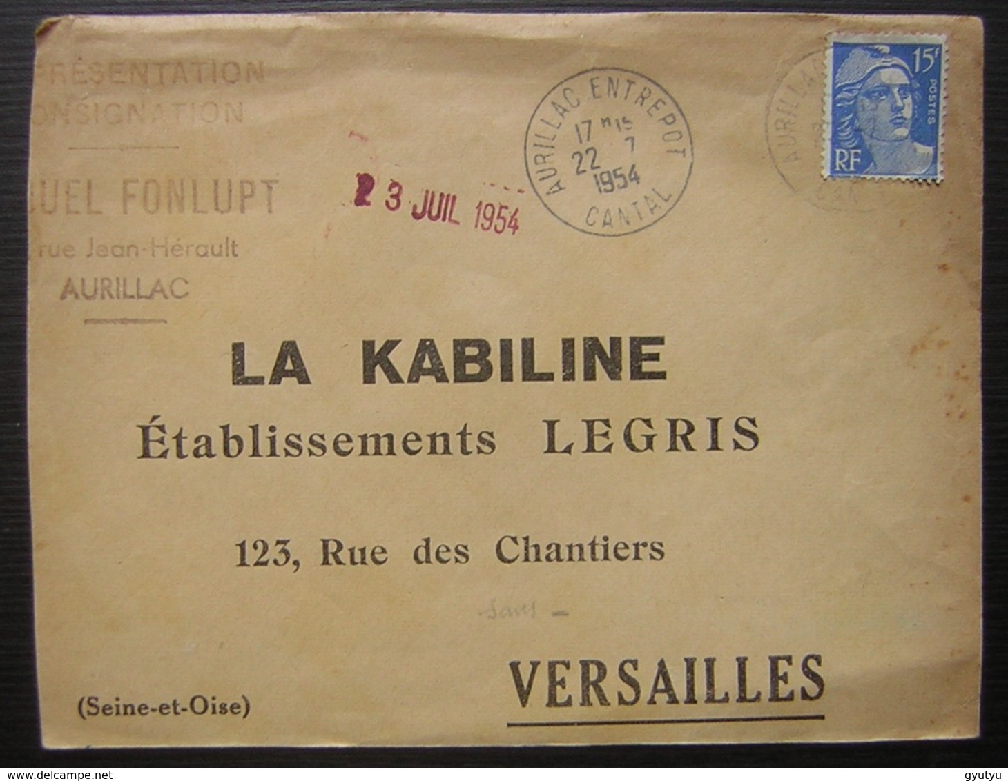 1954 Aurillac Entrepôt (Cantal) Lettre De Fonlupt Pour La Kabiline établissements Legris à Versailles - 1921-1960: Modern Period