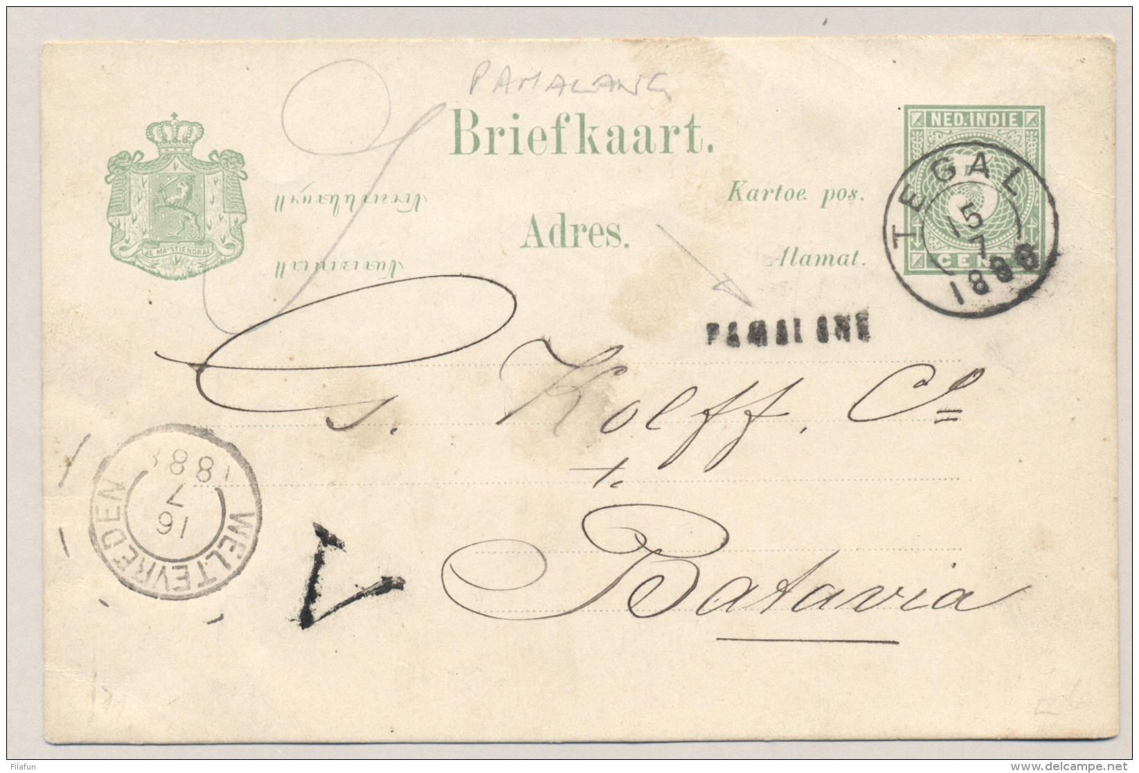 Nederlands Indië - 1888 - Langstempel PAMALANG Op 5 Cent Briefkaart Via KR TEGAL Naar Batavia - Nederlands-Indië
