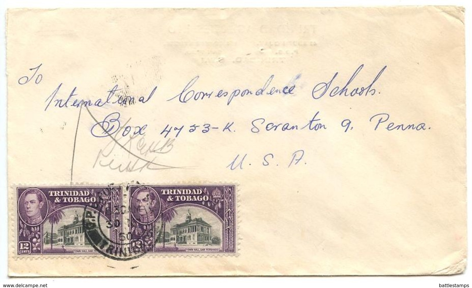 Trinidad & Tobago 1950 Cover Port-of-Spain To Scranton, PA W/ Scott 57 X 2 - Trinidad & Tobago (...-1961)