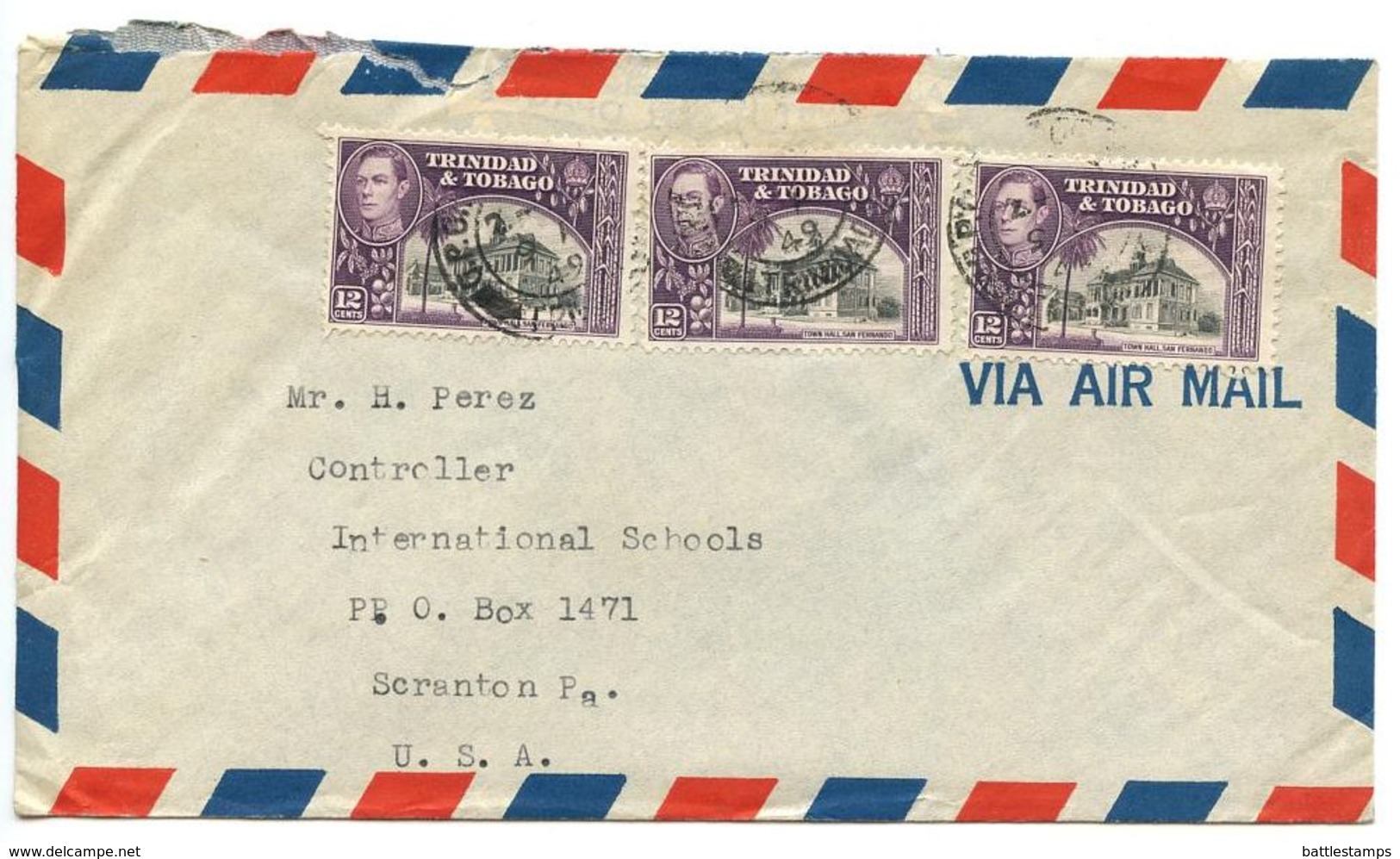 Trinidad & Tobago 1949 Airmail Cover Port-of-Spain To U.S. W/ Scott 57 X 3 - Trinidad & Tobago (...-1961)