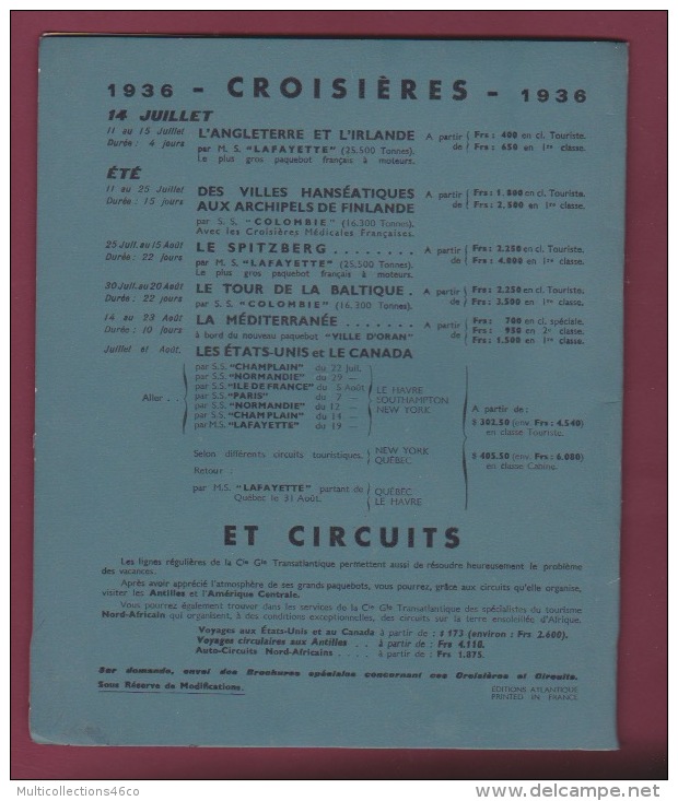 120718A MARINE BATEAU - 1936 LIVRET Et PRIX Compagnie Générale Transatlantique Croisières ETATS UNIS CANADA - Autres & Non Classés