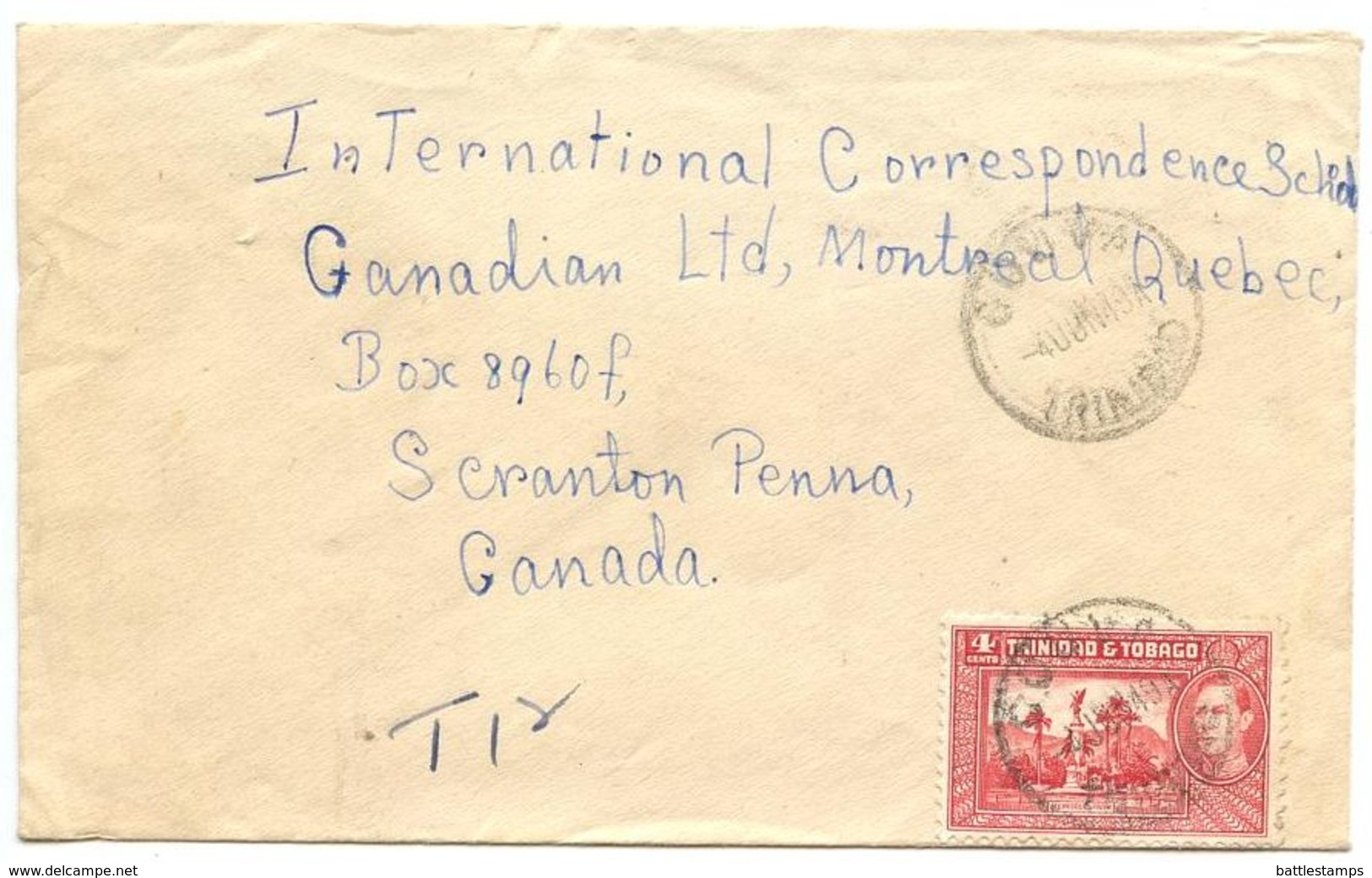 Trinidad & Tobago 1949 Cover Couva To Scranton, PA W/ Scott 53A Memorial Park - Trinidad & Tobago (...-1961)