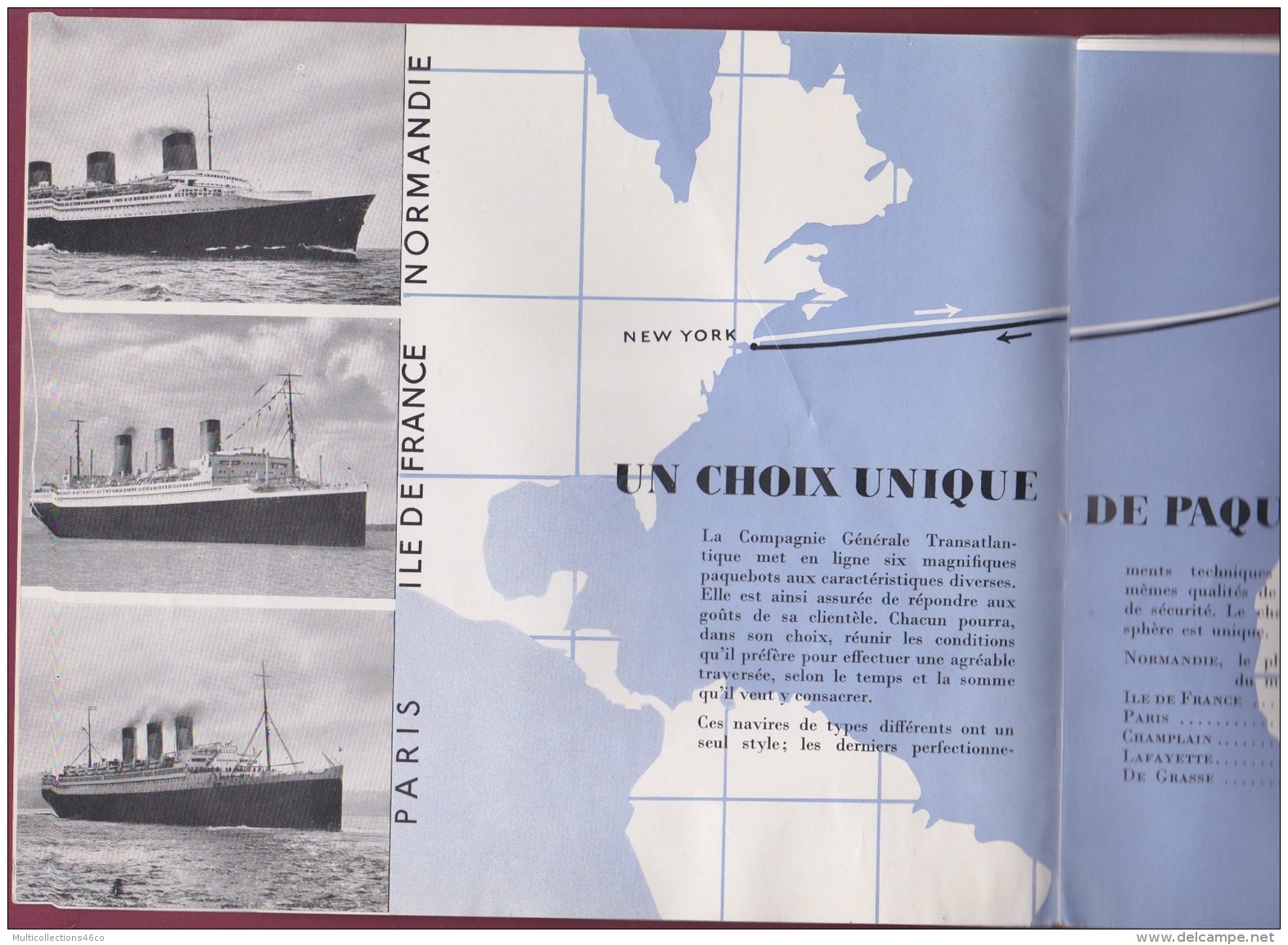 120718A MARINE BATEAU - LIVRET Cie Gle TRANSATLANTIQUE FRENCH LINE Classe Touriste S/S PARIS S/S NORMANDIE TERRE NEUVAS - Other & Unclassified