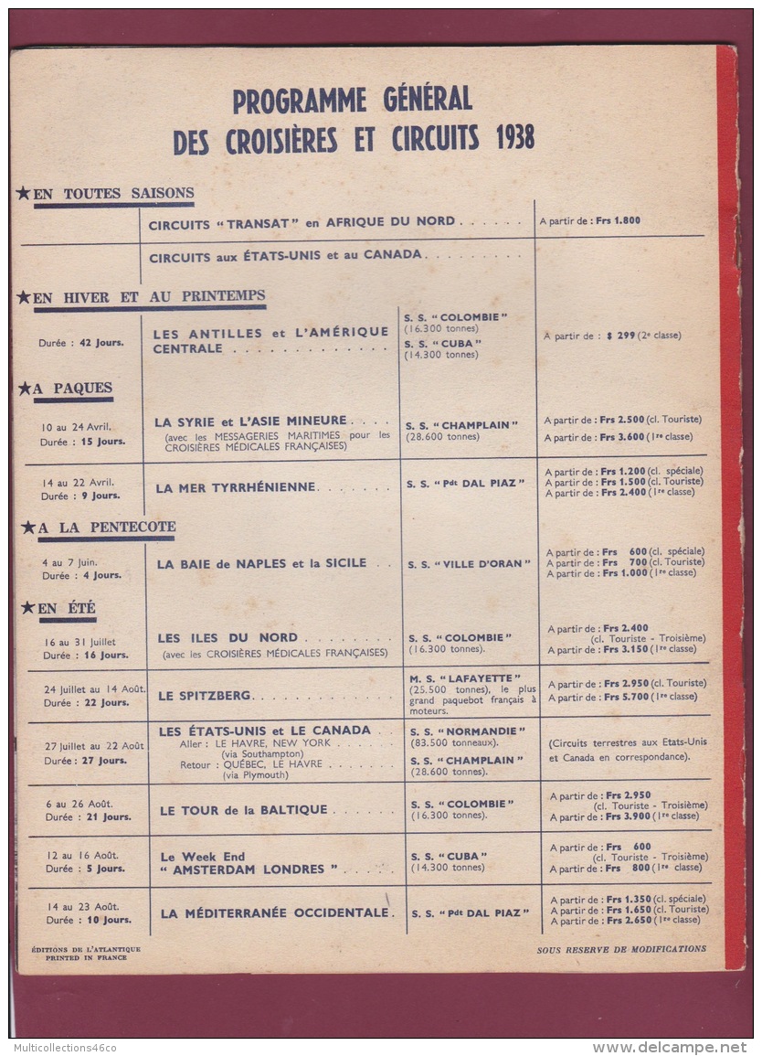 120718A MARINE BATEAU - 1938 LIVRET Cie Gle TRANSATLANTIQUE croisière en BALTIQUE S/S COLOMBIE LENINGRAD MOSCOU NORVEGE