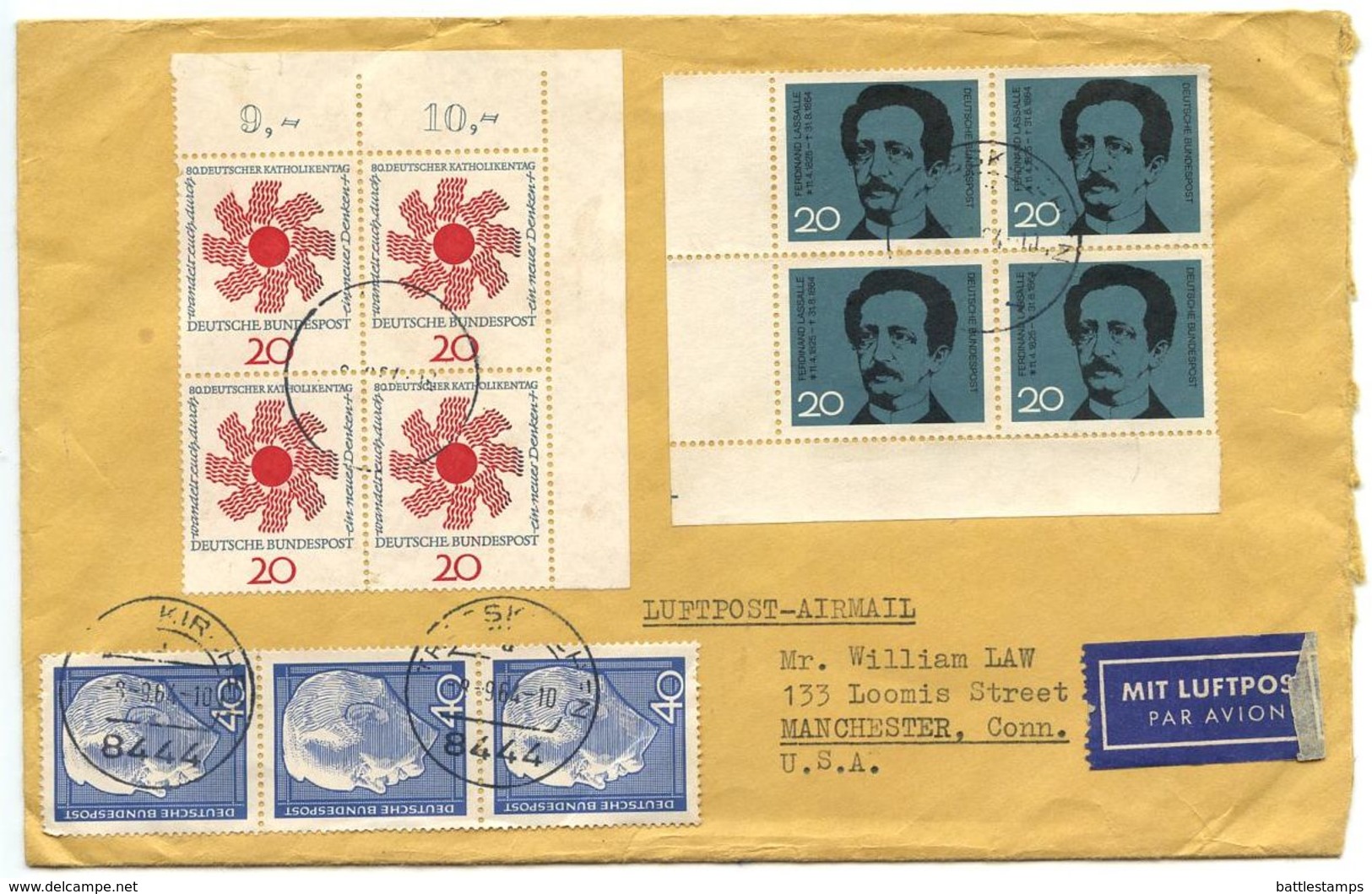 Germany, West 1964 Airmail Cover Strasskirchen To U.S. W/ Blks Of Scott 895-896 - Covers & Documents