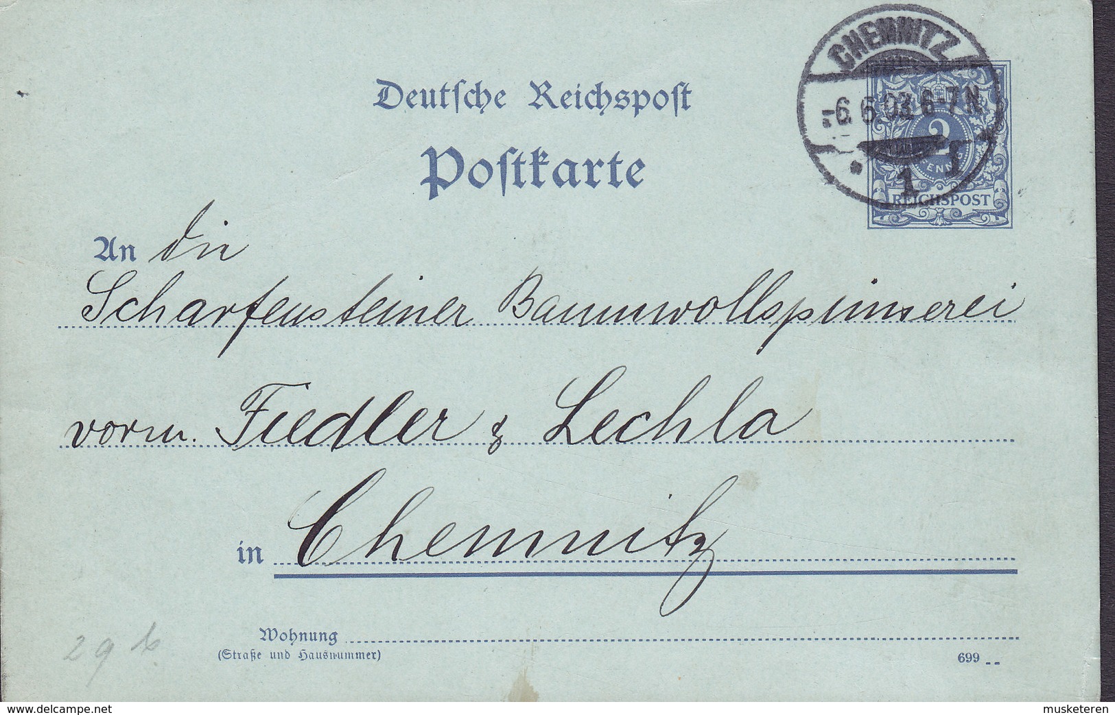 Deutsche Reichspost Postal Stationery Ganzsache (699) SCHARFENSTEINER BAUMWOLLSPINNEREI CHEMNITZ 1904 (2 Scans) - Cartes Postales