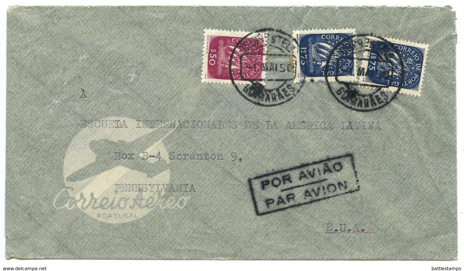 Portugal 1950 Airmail Cover Guimarães To U.S. W/ Scott 621 & 623 - Covers & Documents