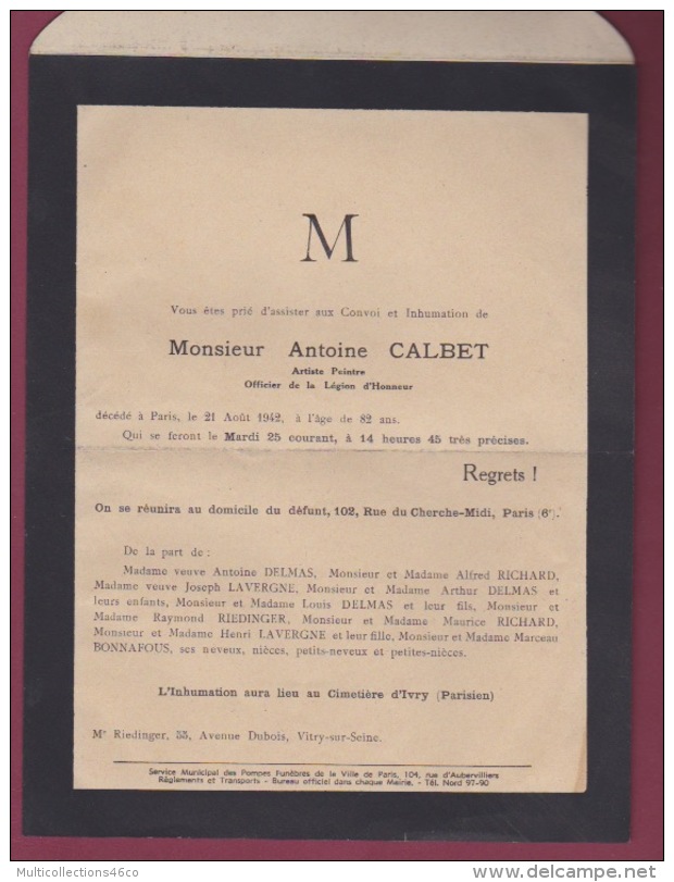 140718 - 1942 Faire Part De Décès  Du PEINTRE ARTISTE ANTOINE CALBET - Décès