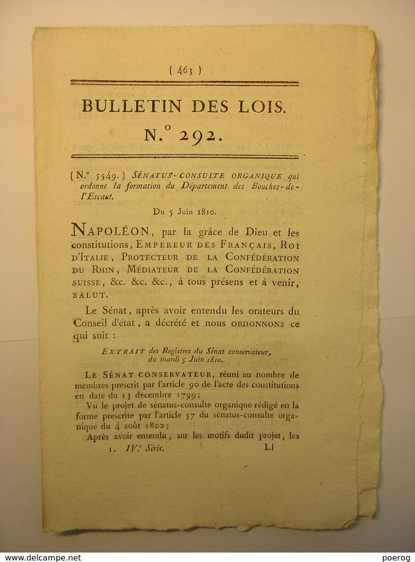 BULLETIN DES LOIS De 1810 - CREATION BOUCHES DE L'ESCAUT PAYS BAS HOLLANDE - HOSPITALIERES DOLE JURA - CONCESSIONS MINES - Décrets & Lois