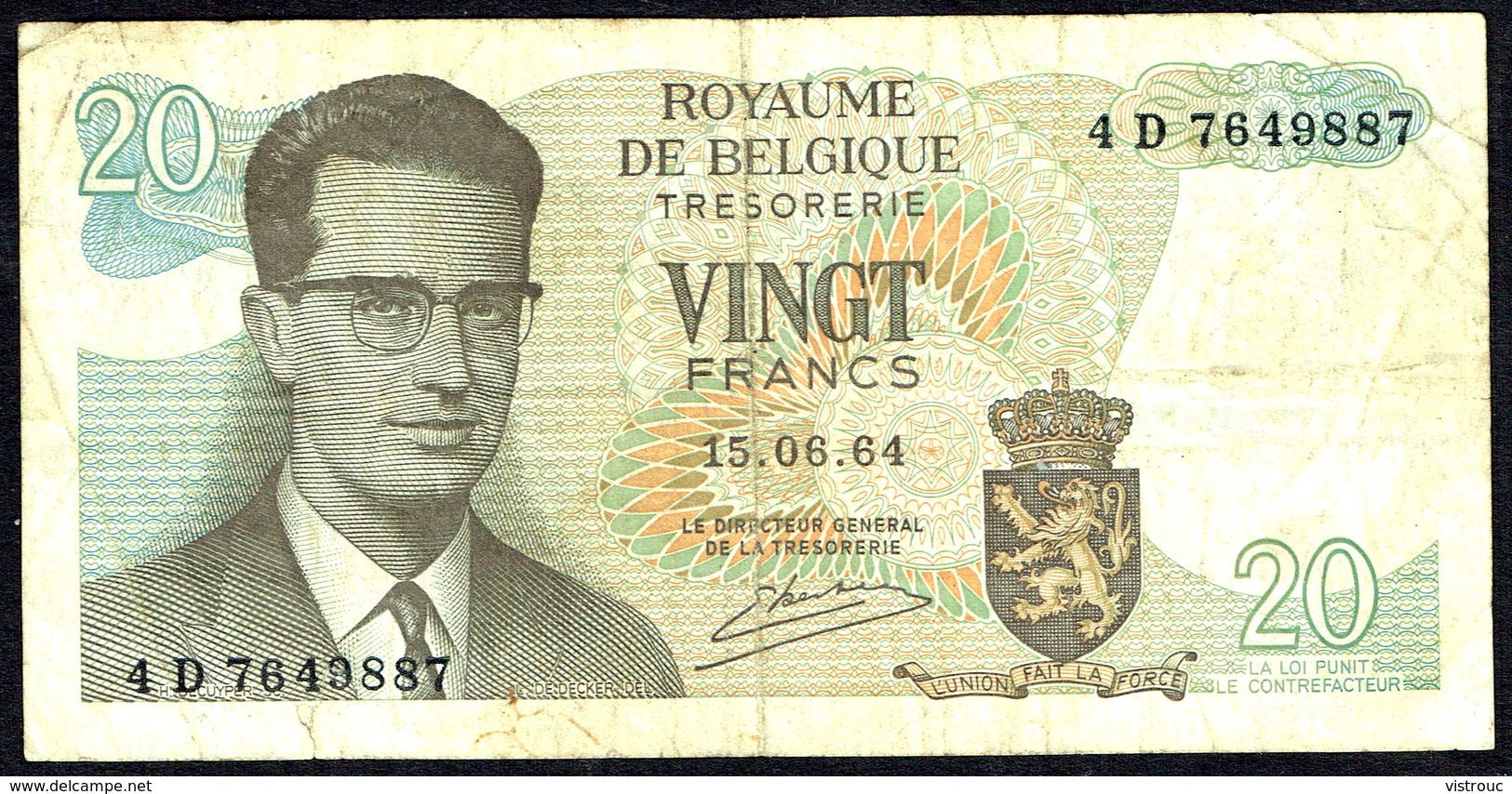 BELGIQUE - 20 FRANCS - 1964 - Usagé - Used - N° 4 D 7649887. - Andere & Zonder Classificatie