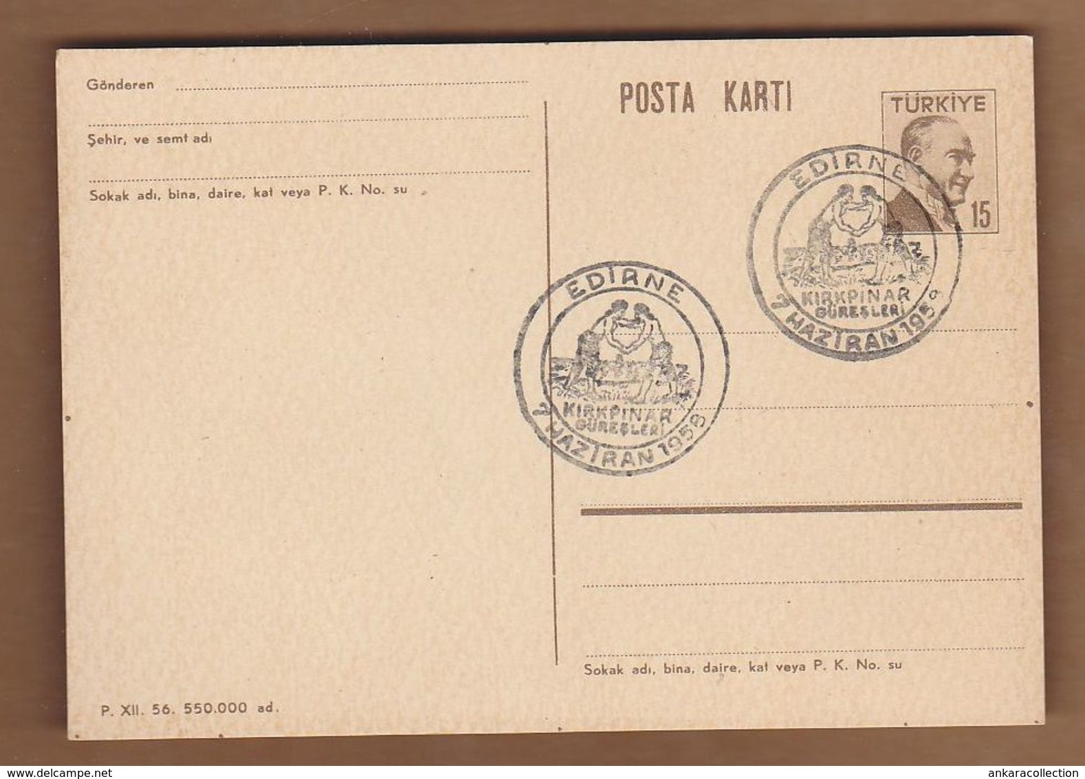 AC- TURKEY POSTAL STATIONARY - SINGLE FRAME ATATURK EDIRNE KIRKPINAR OILED WRESTLING SEALED EDIRNE, 07 JUNE 1958 AN187 - Enteros Postales