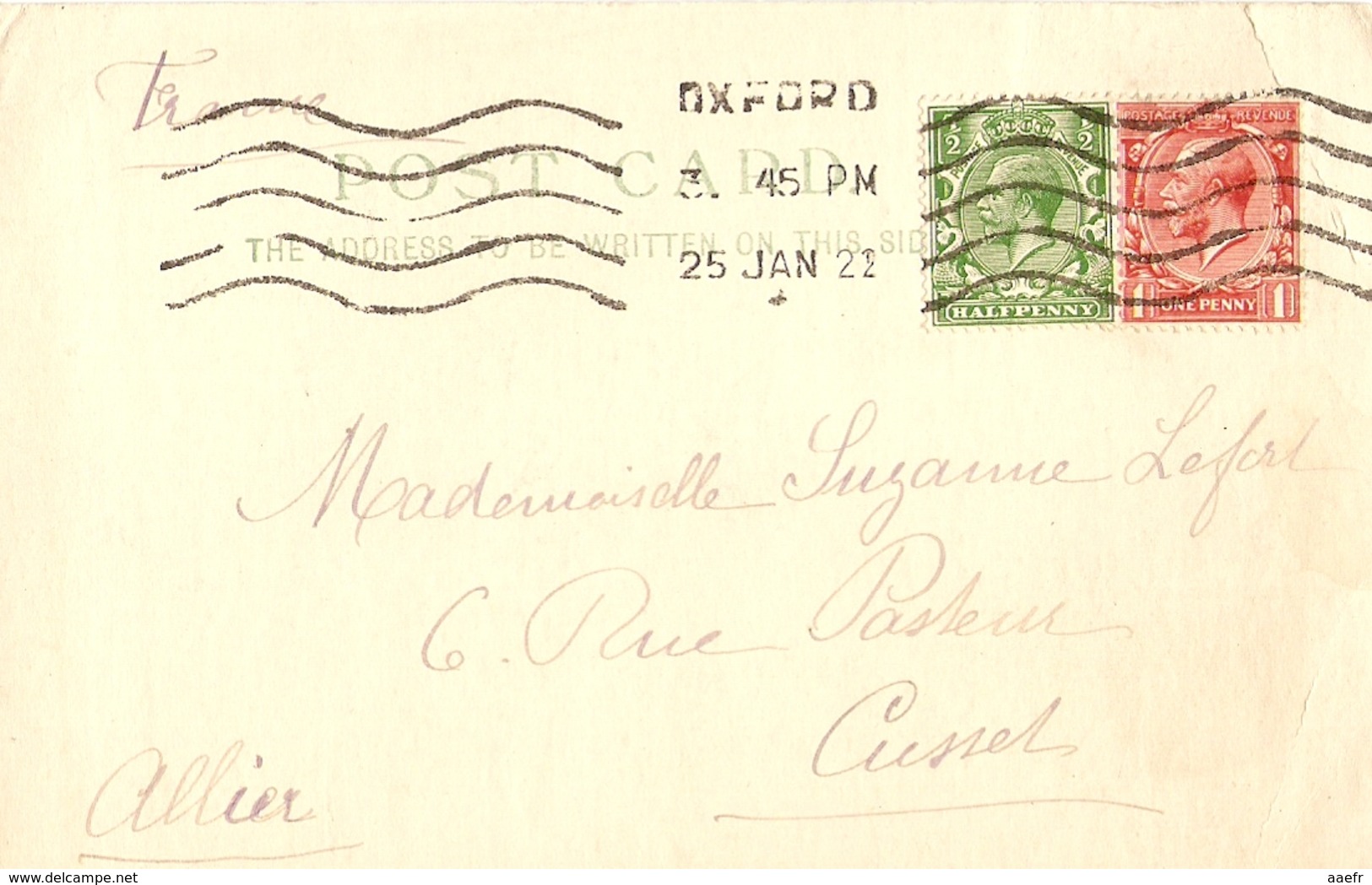 Grande-Bretagne 1922 - Petit Lot De 2 Post Card - De Oxford à Cusset, France - Cachet De Réception Cusset, Allier - Lettres & Documents
