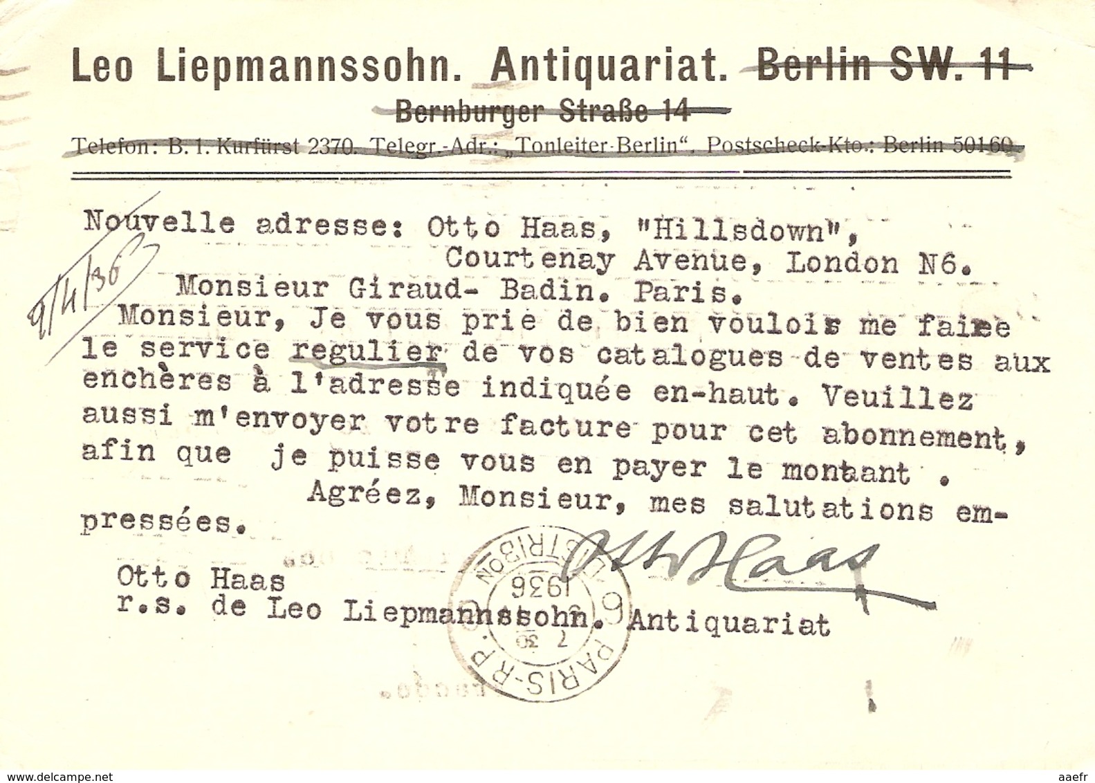 Grande-Bretagne 1936 - Carte Postale Commerciale - Agréée UPU - De Hampstead à Paris - Antiquaire Liepmannssohn - Lettres & Documents