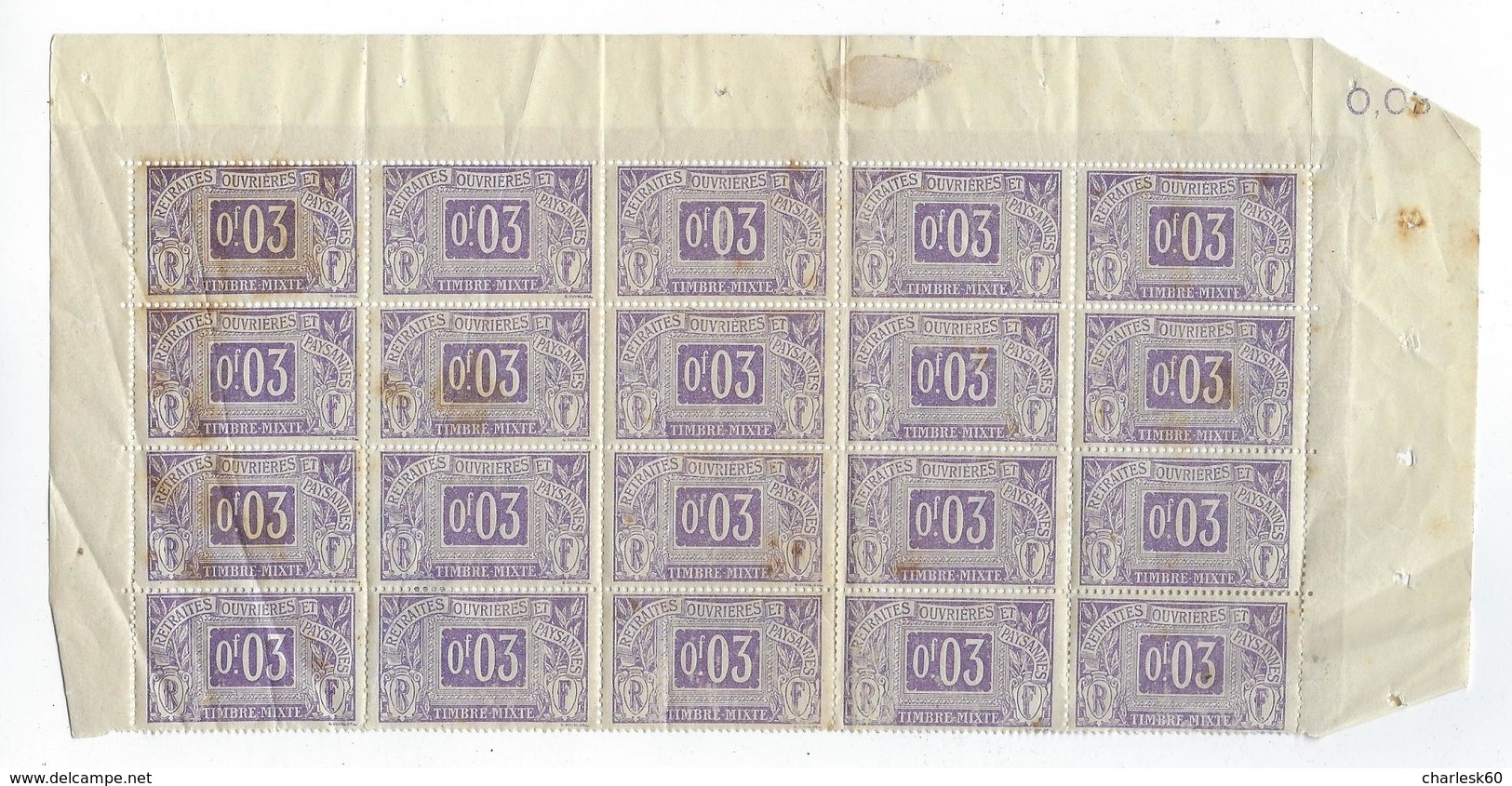 20 Timbres 3 Centimes - Mixtes -Socio-Postaux - Sécurité Sociale - Fiscaux - Retraites Ouvrières Et Paysannes - 1927-31 Cassa Di Ammortamento