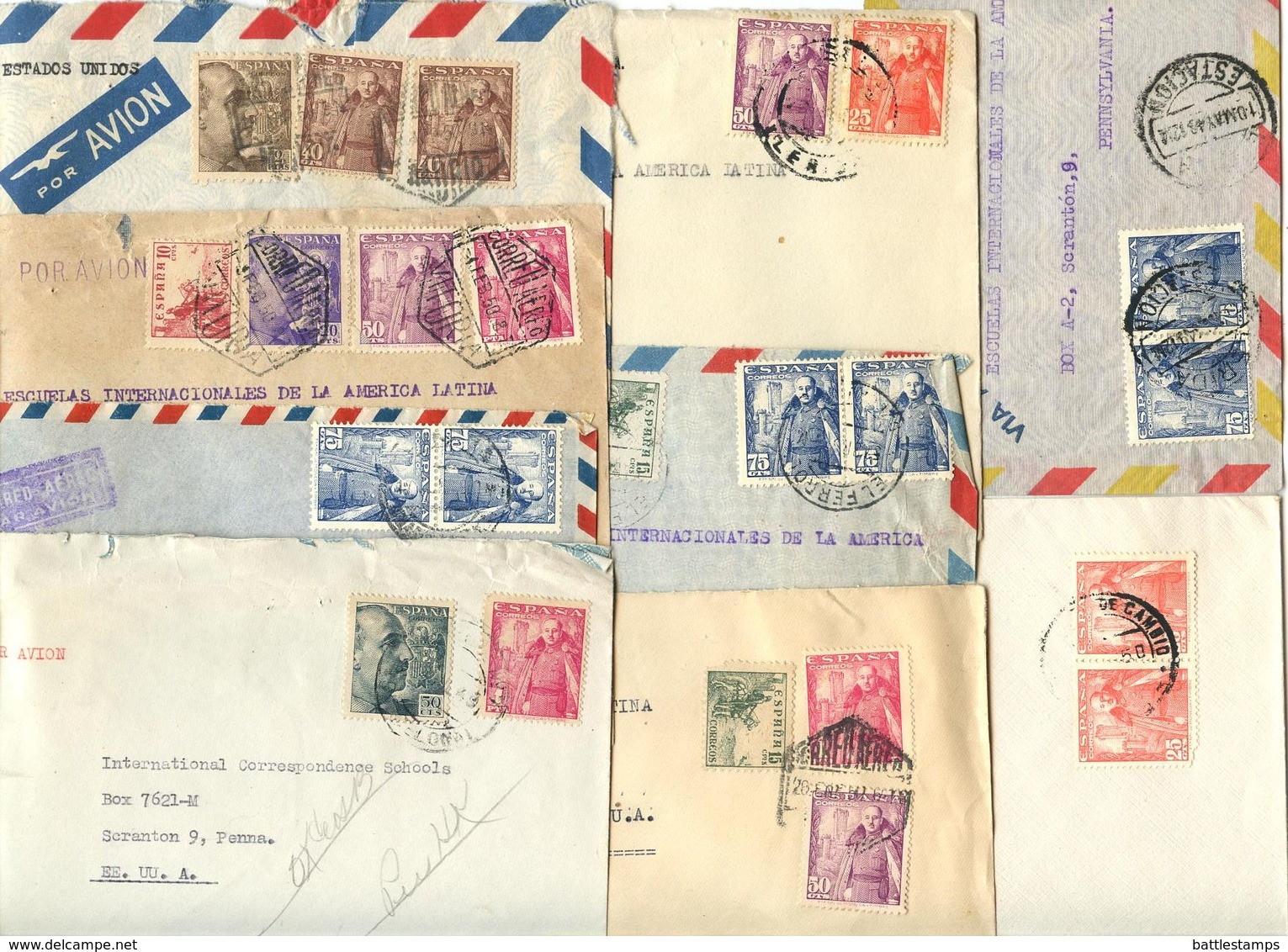 Spain 1949-50 9 Covers To U.S., Variety Of Stamps & Postmarks - Briefe U. Dokumente