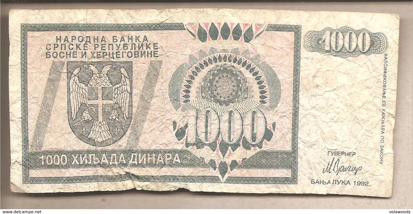 Rep. Serba Di Bosnia - Banconota Circolata Da 1000 Dinari P-137a - 1992 - Bosnia Erzegovina