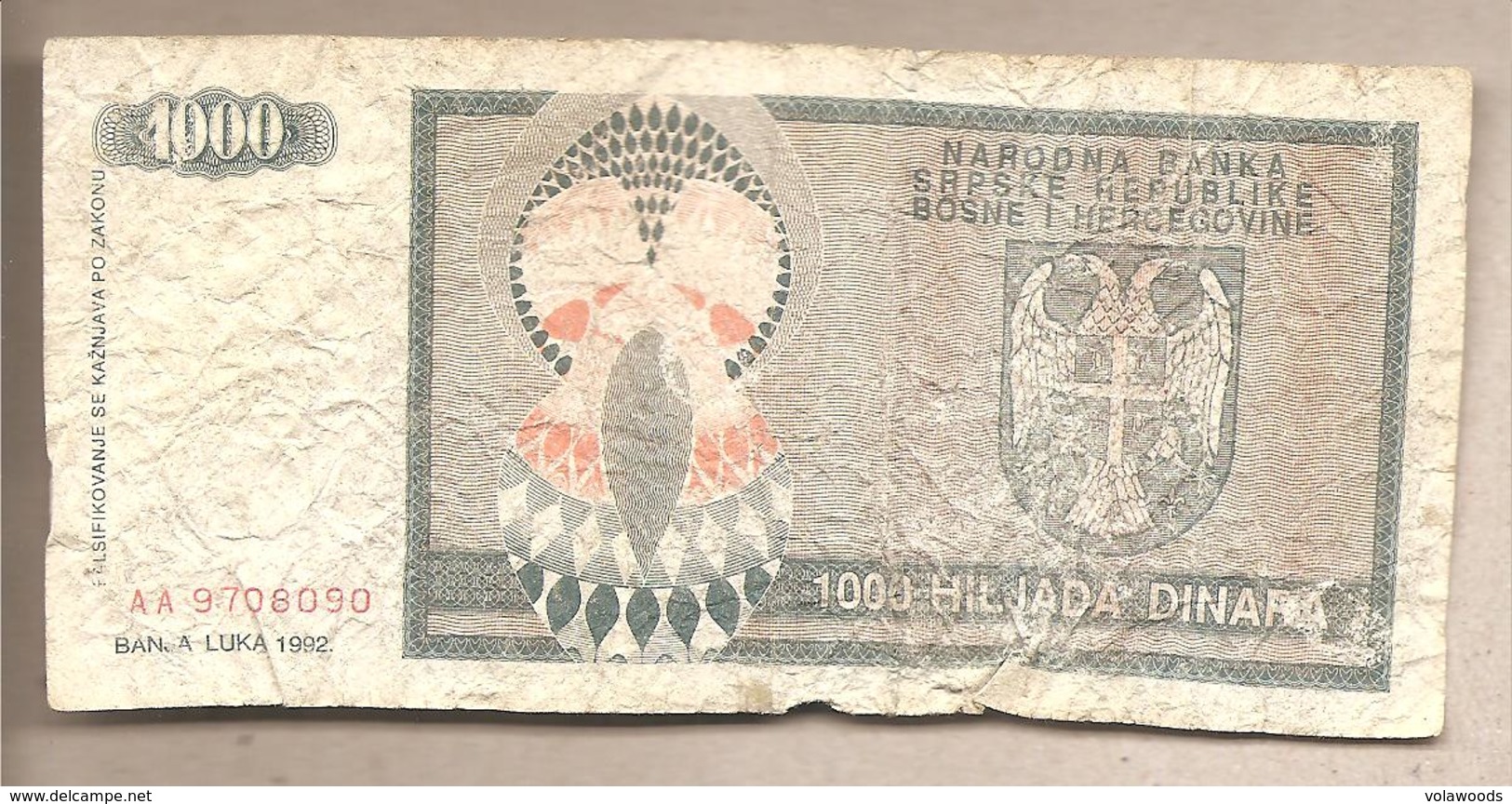 Rep. Serba Di Bosnia - Banconota Circolata Da 1000 Dinari P-137a - 1992 - Bosnia Erzegovina