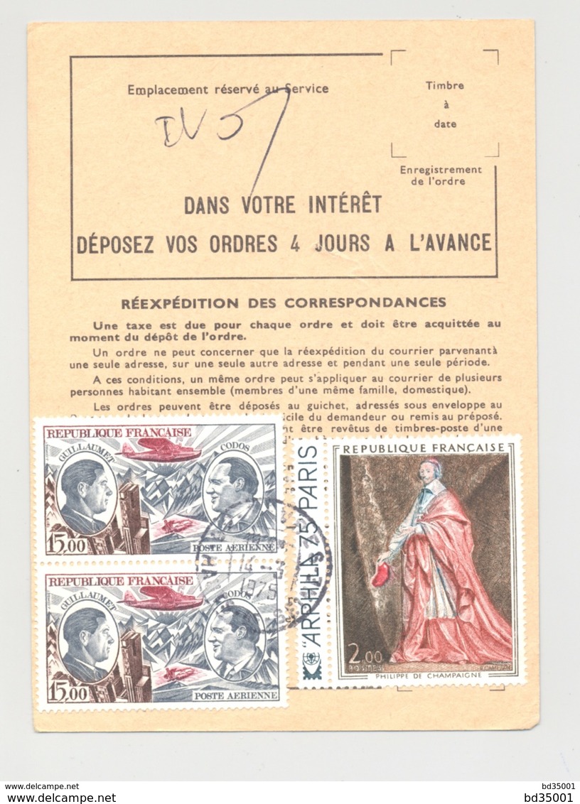 Ordre De Réexpédition Temporaire - Cachet Sevres 1975 - Timbres PA 48, Arphila 75 Paris - Documents De La Poste