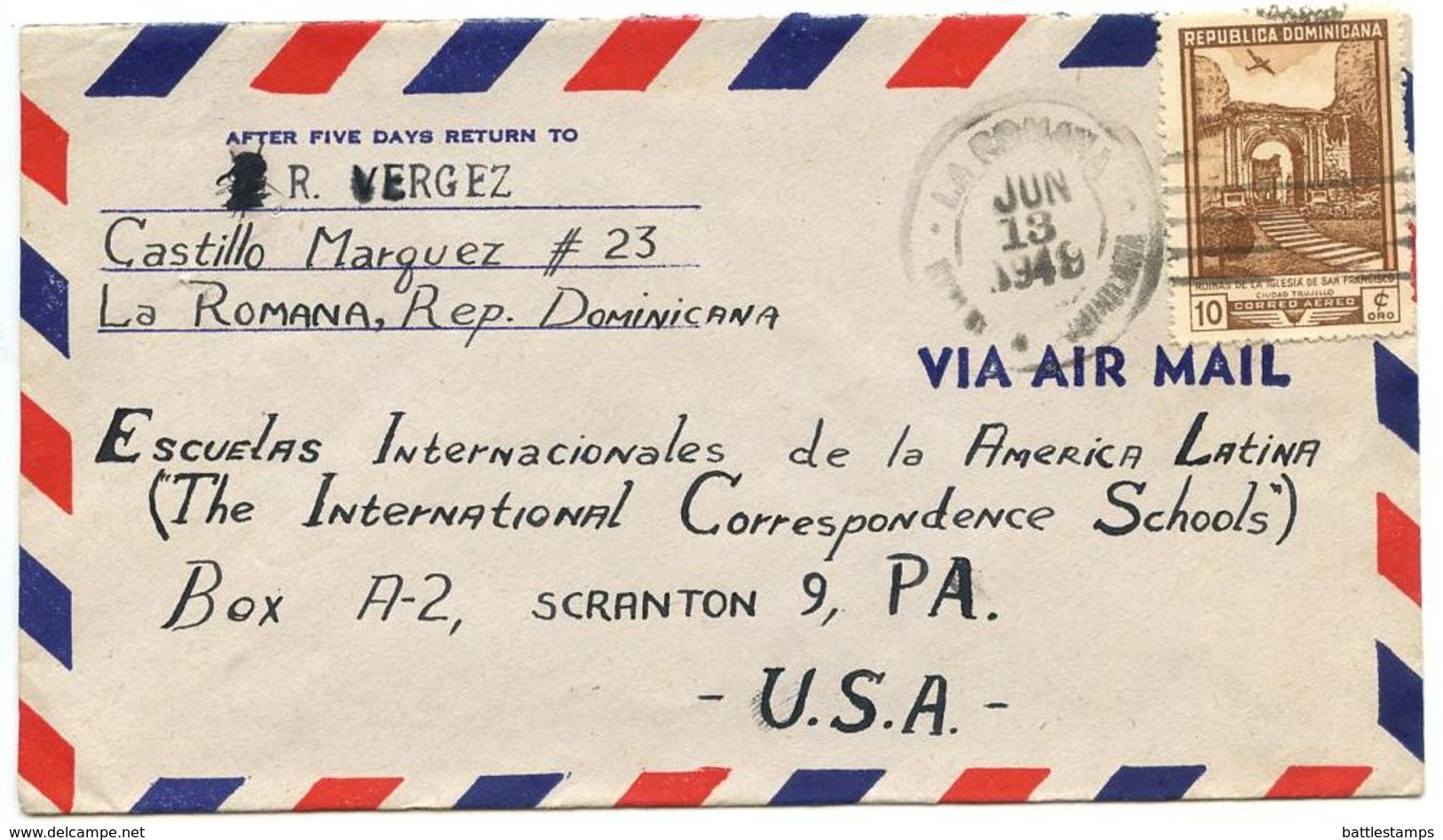 Dominican Republic 1949 Airmail Cover La Romana To Scranton, Pennsylvania - Dominicaine (République)