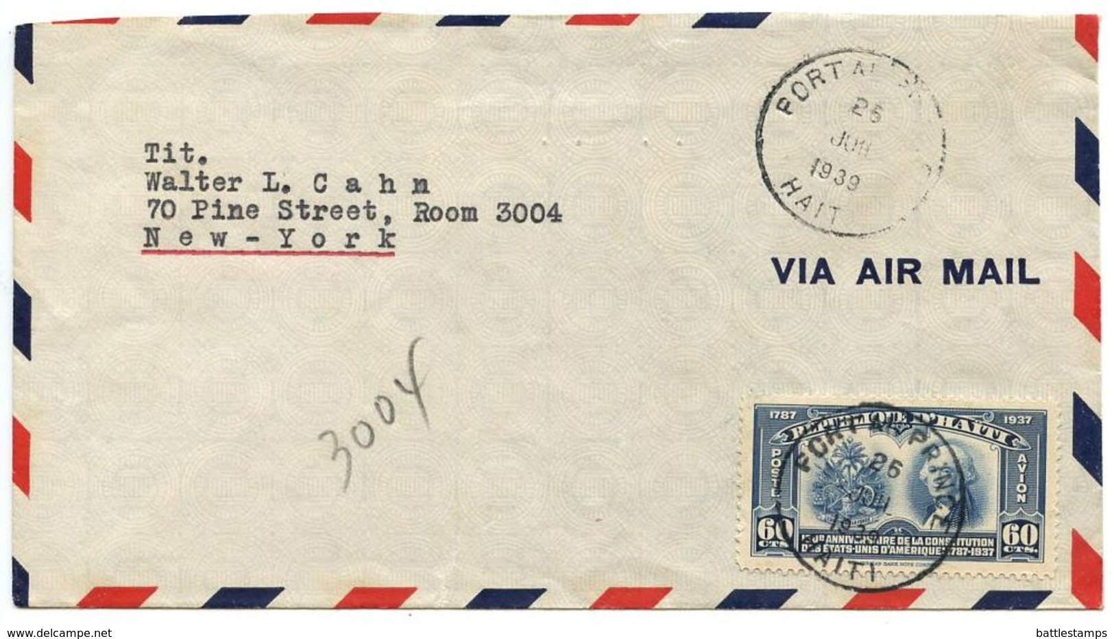 Haiti 1939 Airmail Cover Port-au-Prince To U.S. W/ Scott C11 US Constitution - Haiti