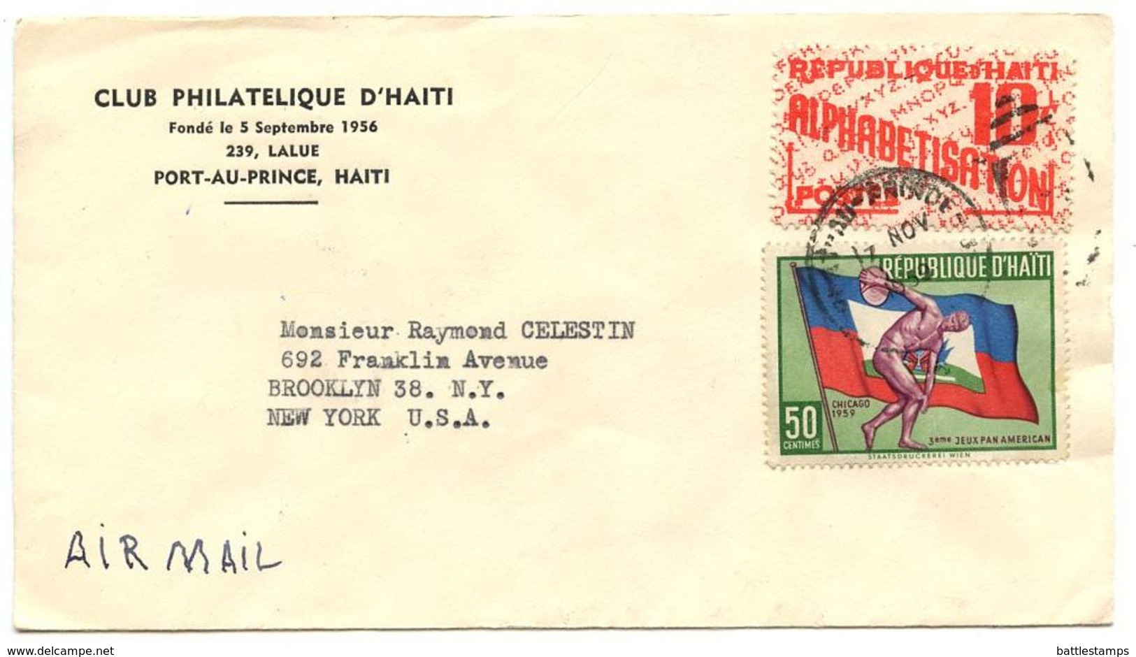 Haiti 1959 Airmail Cover Port-au-Prince - Club Philatelique D’Haiti W/ Scott 449 & RA27 - Haiti