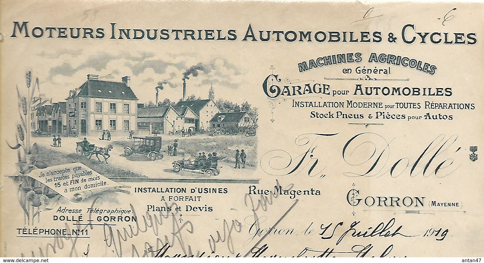 Facture Lettre 1919 / MAYENNE / GORRON / F. DOLLE / Garage Automobiles / Moteurs Autos Et Cycles - Automobile