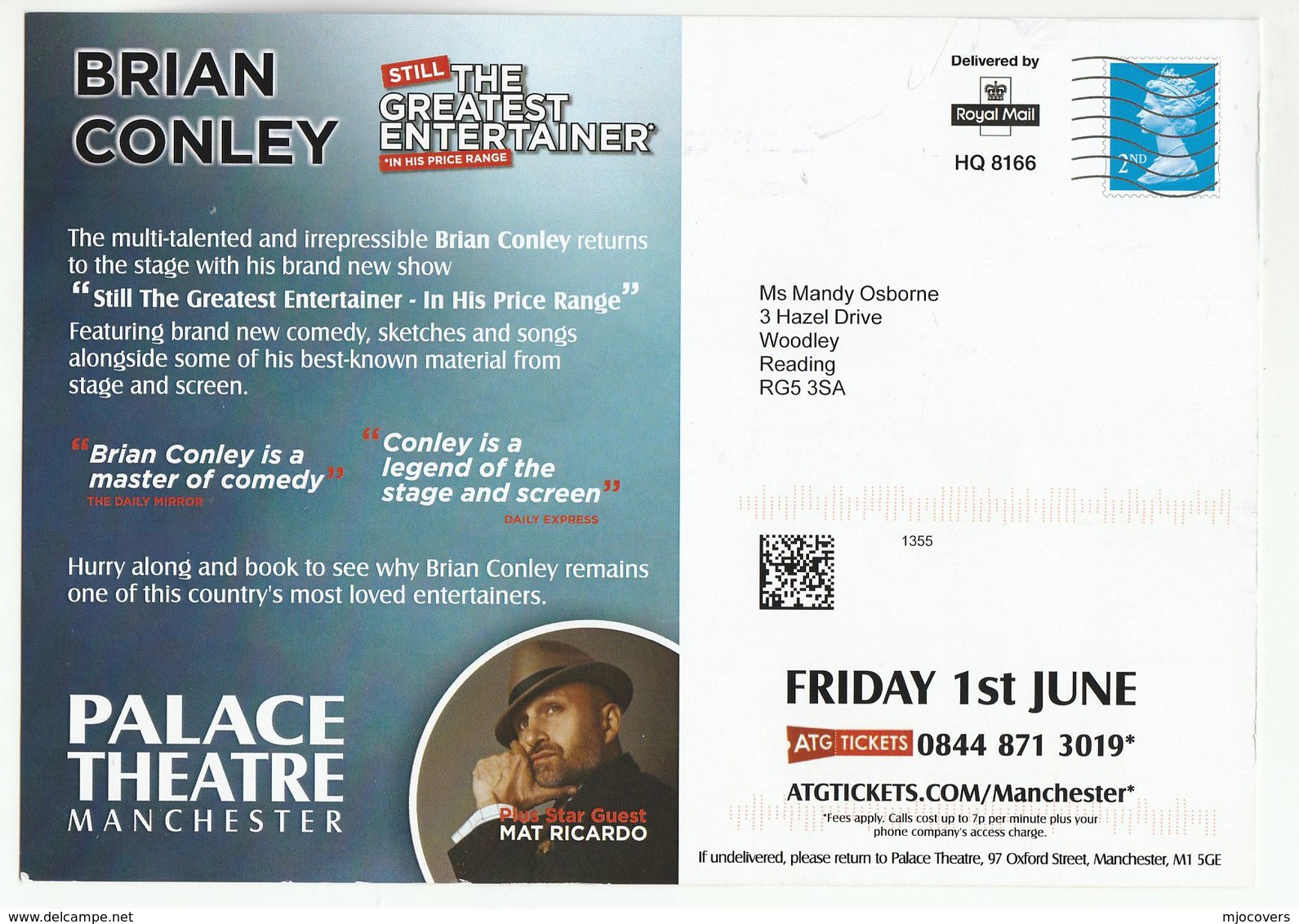 2018 PALACE THEATRE Manchester ADVERT COVER Card PRINTED 2nd STAMP ROYAL MAIL HQ8166 GB Brain Conley Matt Ricardo - Teatro