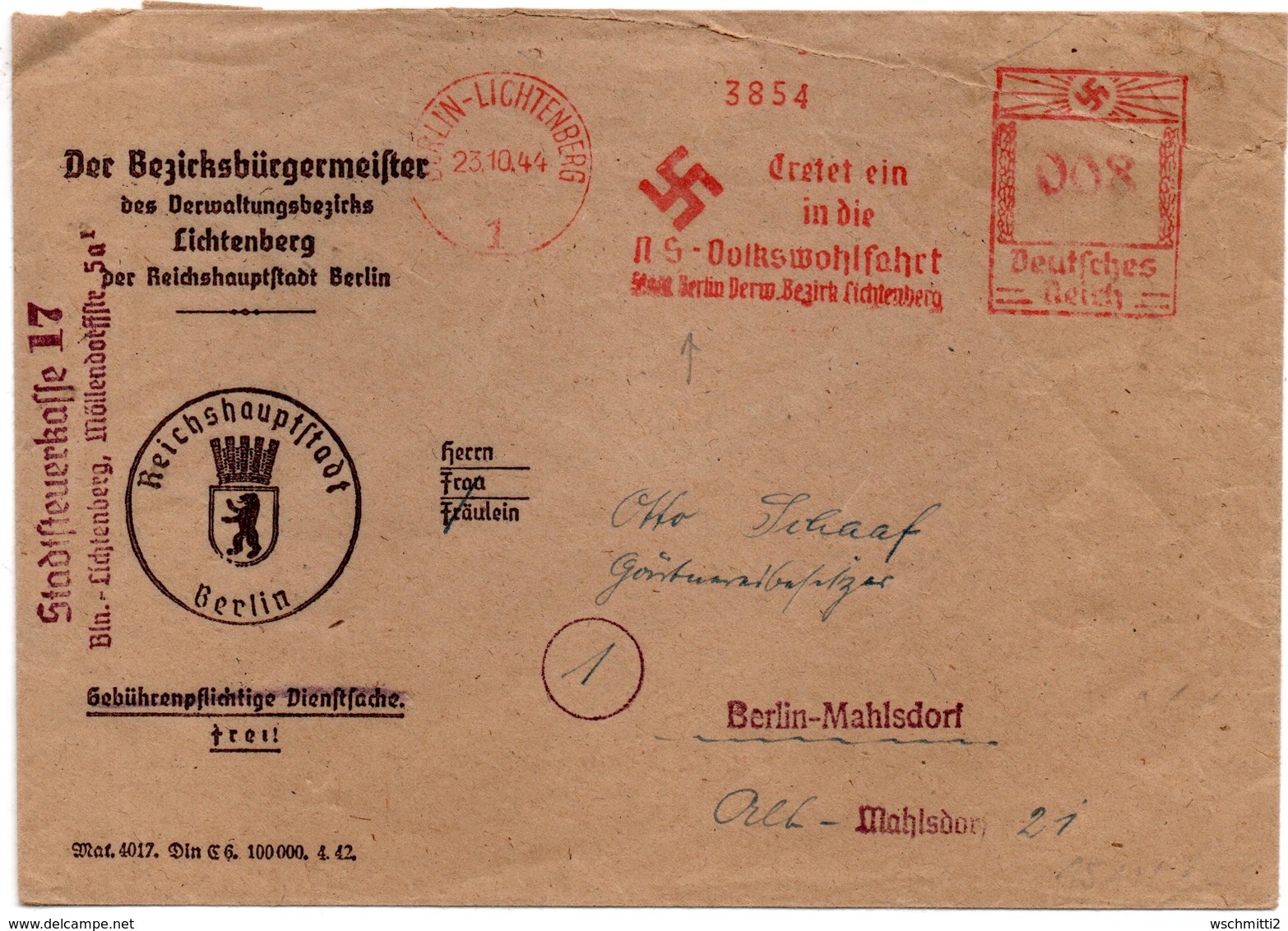 DR Dienstbrief Der Steuerkasse BERLIN-LICHTENBERG Mi NS-Werbung Für Die Volkswohlfahrt, 23.10.44 - Briefe U. Dokumente